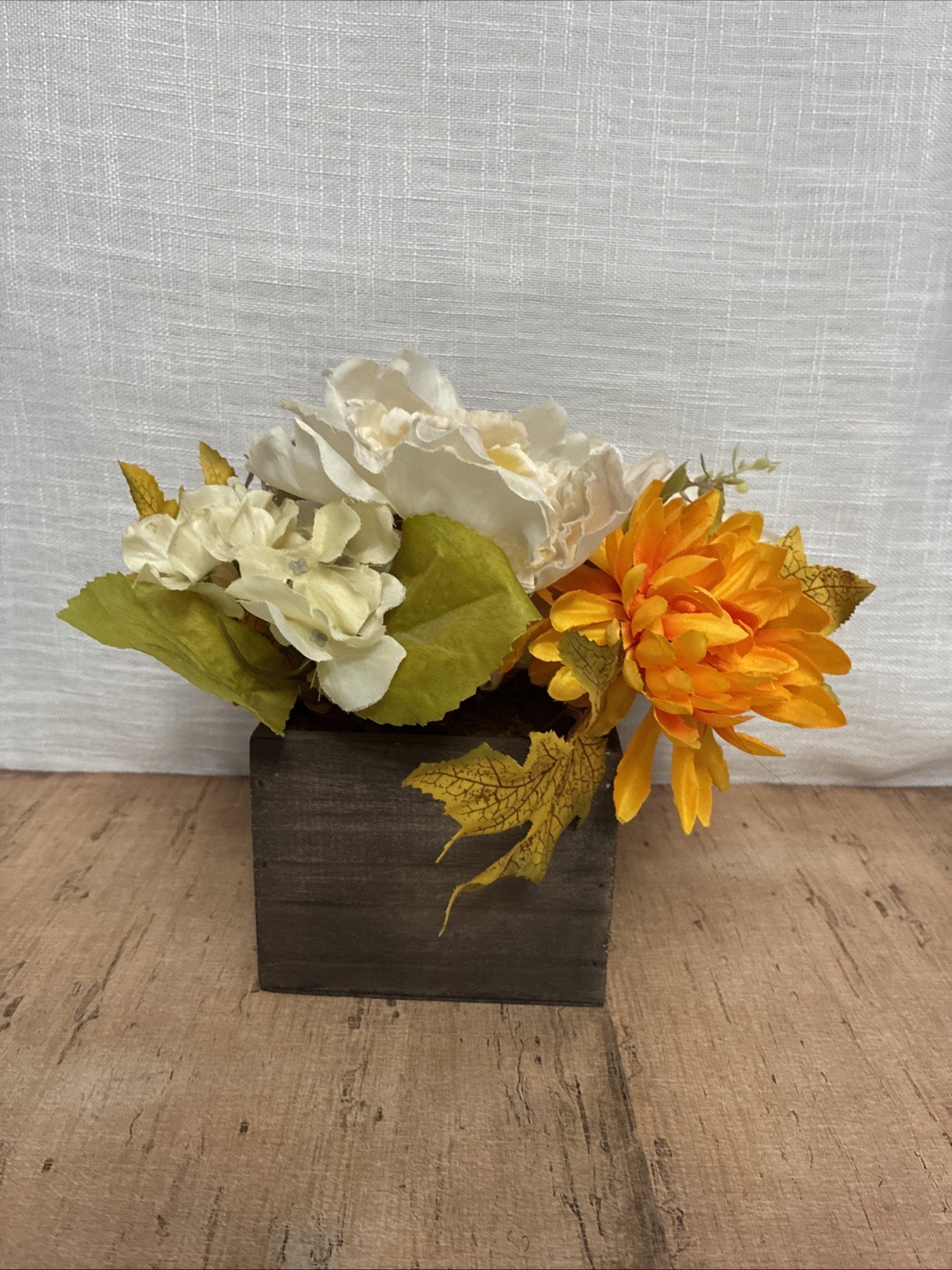 Faux Floral Arrangement In Wood Box Multicolor White, Yellow, Orange 5” Box 9”T