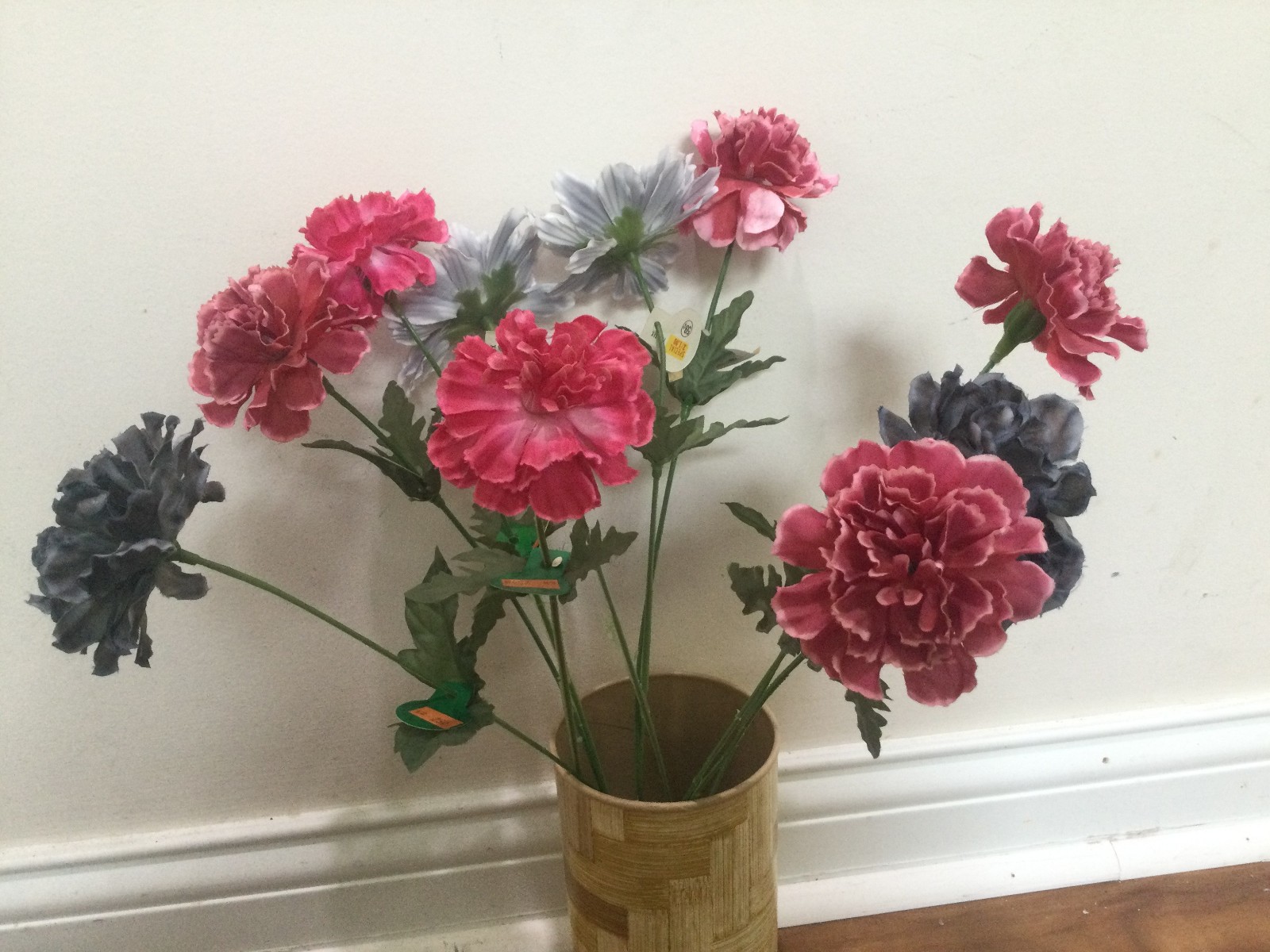 vtg CARNATION MUMS BOLD COLOR Artificial Flowers 10PCS Silk PLASTIC STEM 80’S