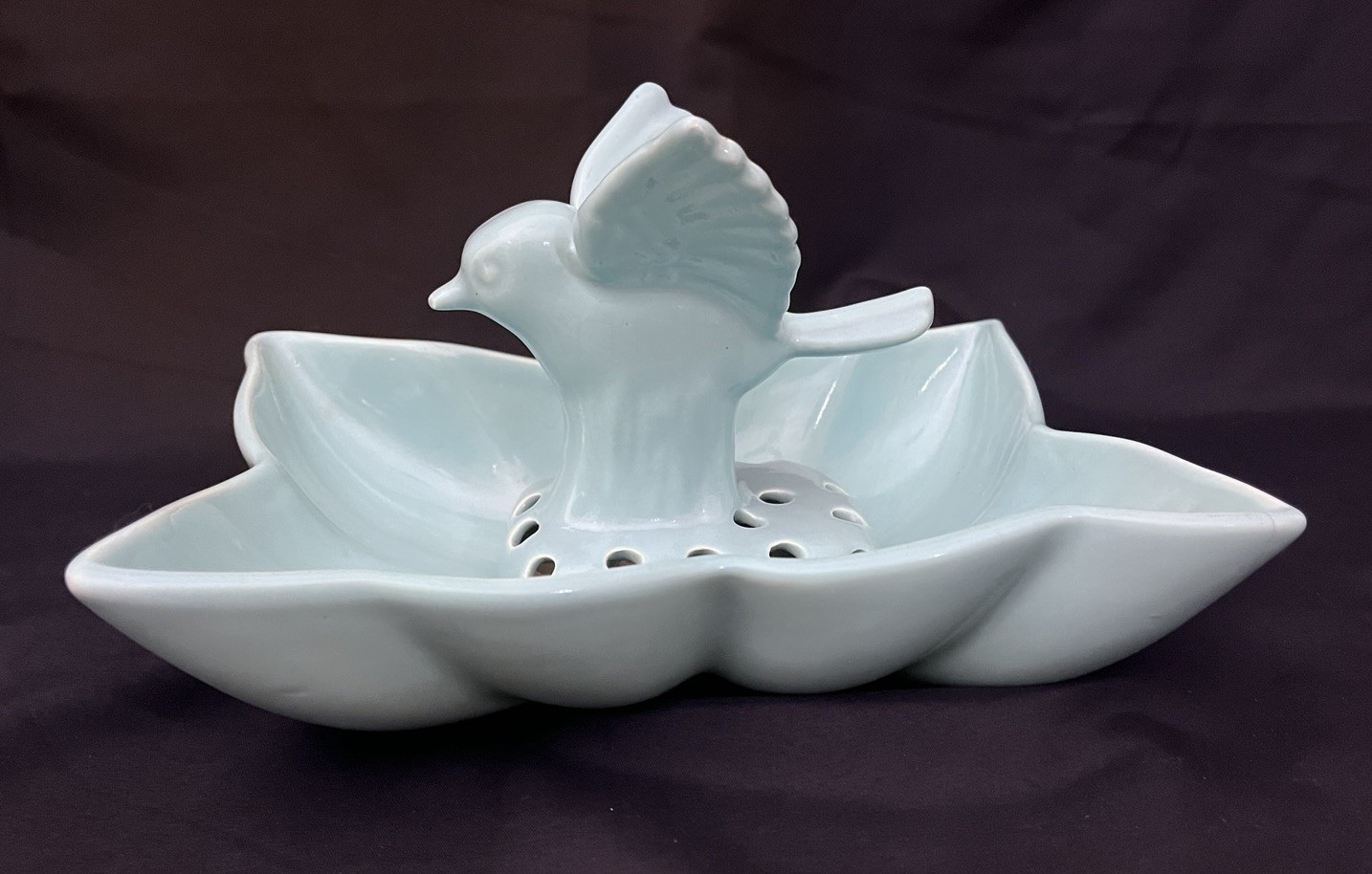 Vtg Camark Art Pottery Blue #410 Leaf Bowl Planter & Bird Flower Frog Set (S4)