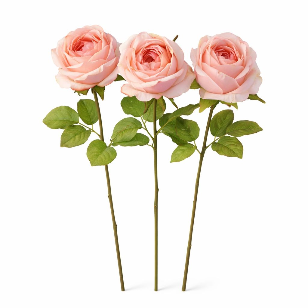 Blush Pink Artificial Roses Set Of 3 Fake Flower Stems Silk Roses Long Stem Wedd