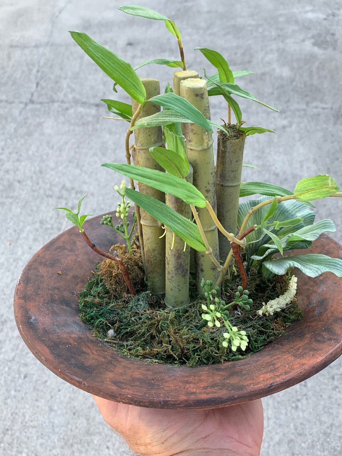 Vintage Rustic Stone Pot & Bamboo Terrarium Table Arrangement Floral 11″ ❤️sj3j
