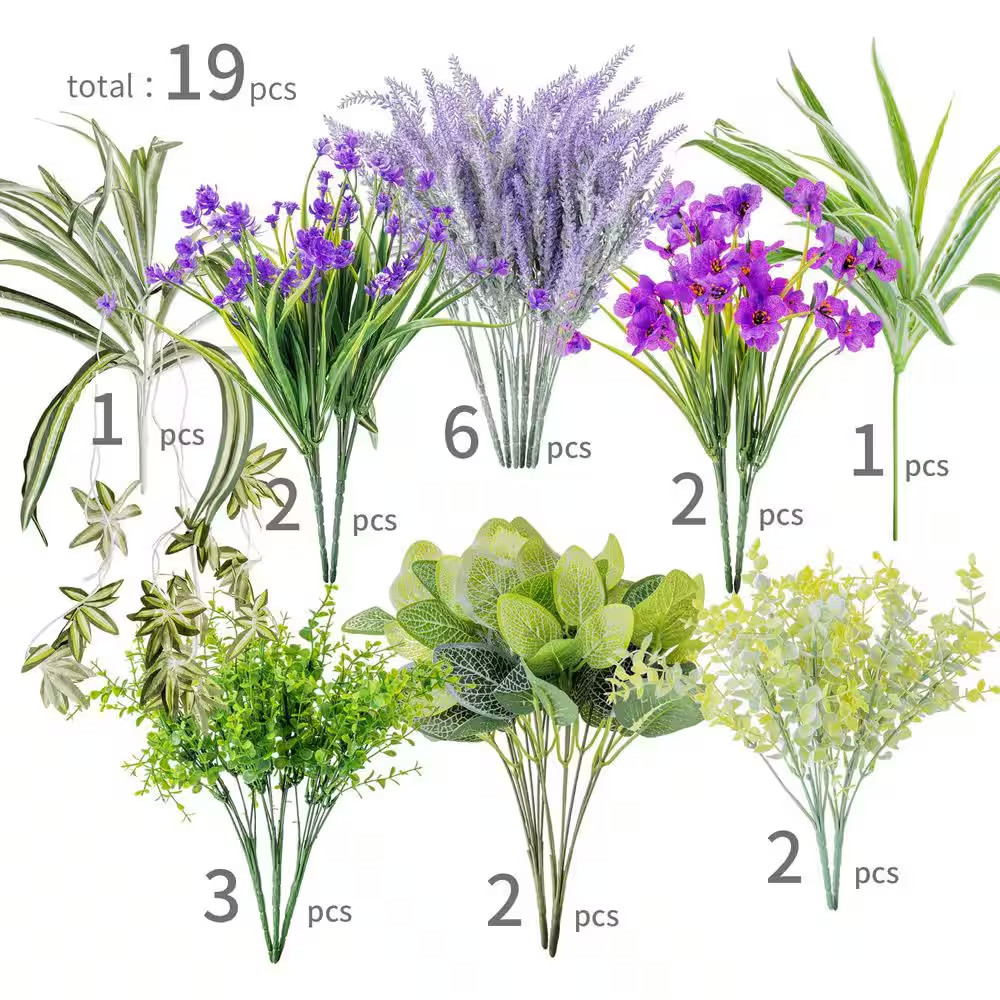 5 In. 19-Pack Outdoor Artificial Lavender Flowers Greenery Shrub UV Resistant Fa