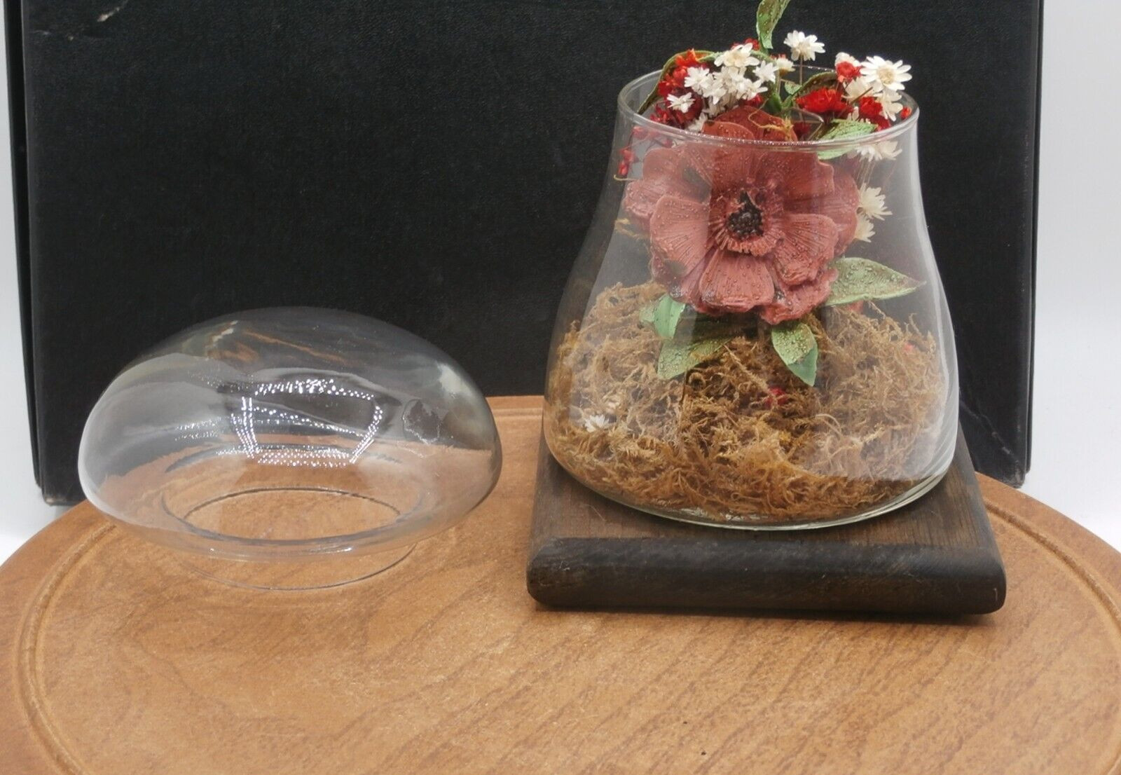 Vtg Mushroom-Shaped Glass Terrarium w/Dried Flowers Wood Stand Leonard Creations