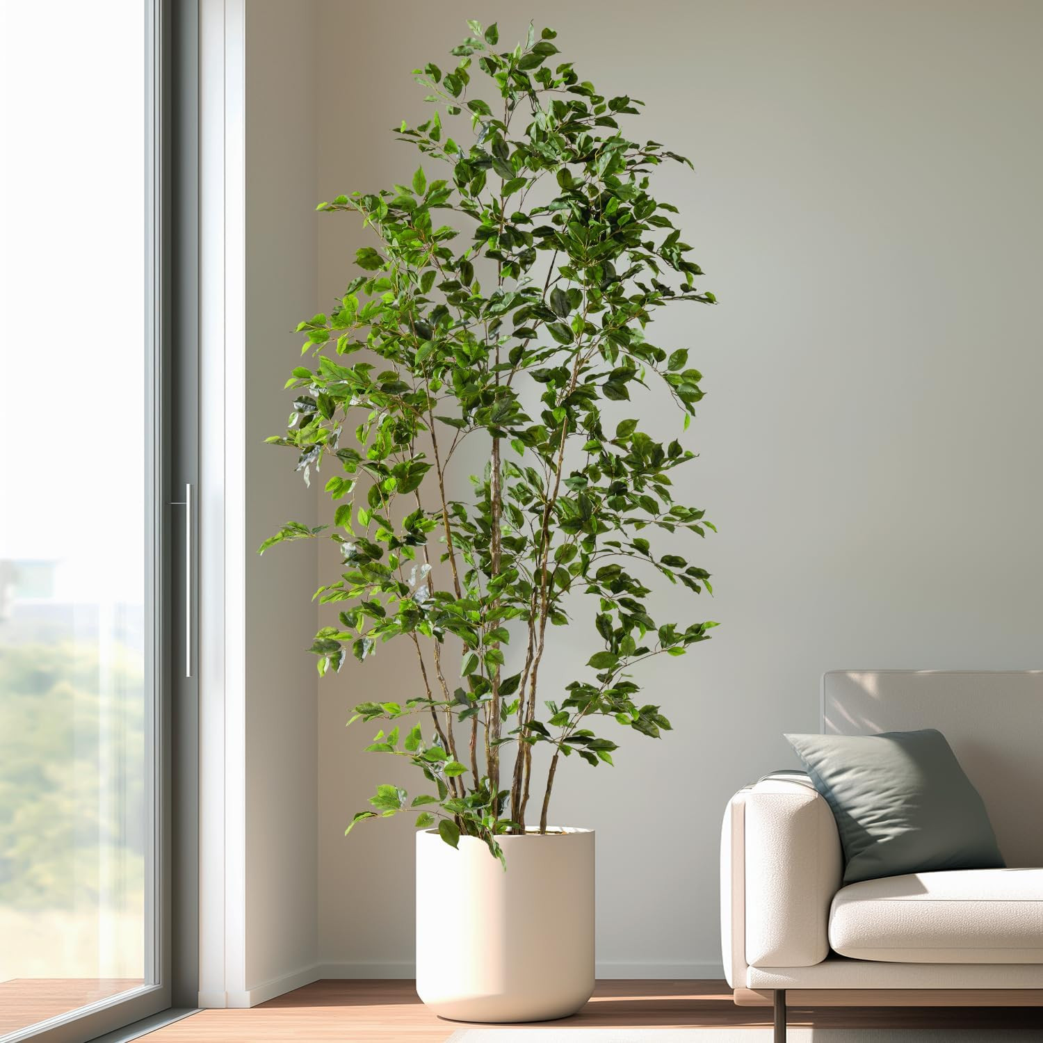 Artificial Ficus Tree Indoor 8Ft, Large Potted Faux Tree with Realistic Silk Lea