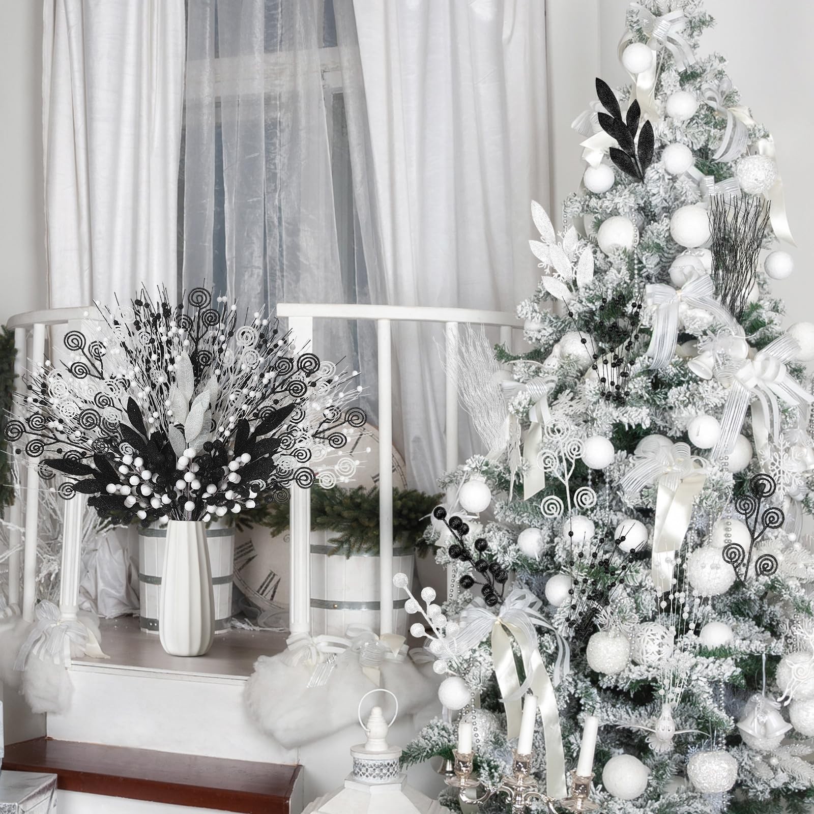 100 Pcs Black and White Christmas Picks and Sprays Christmas Tree Filler Deco…