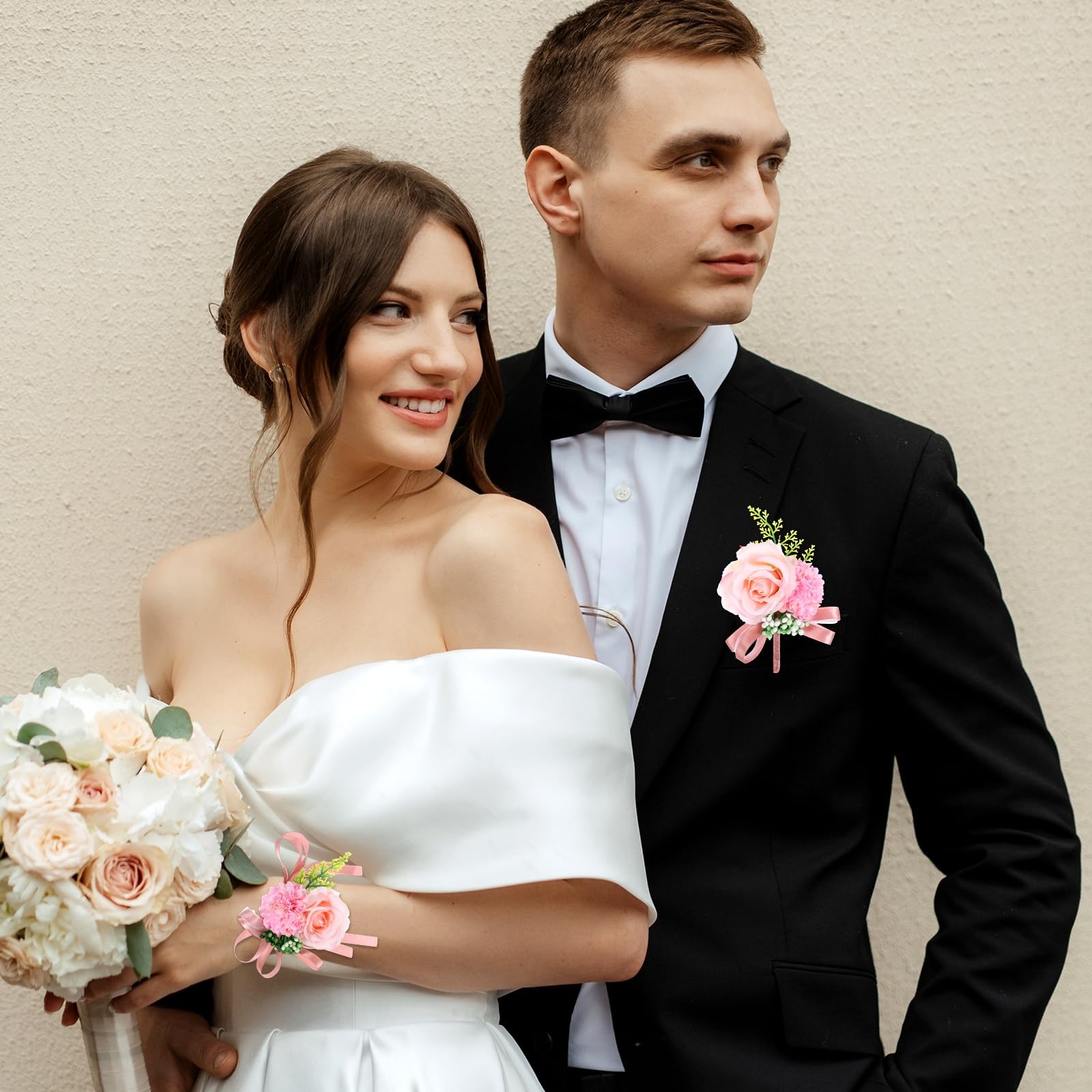 2 PCS Pink Corsage Boutonniere Set Artificial Wristlet Wedding Christmas Decor