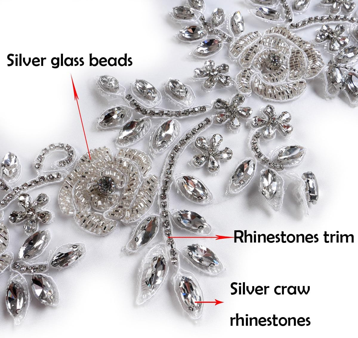 Beaded Rose Flowers &Leaves Rhinestone Pair Applique in Silver for Prom Dress Be