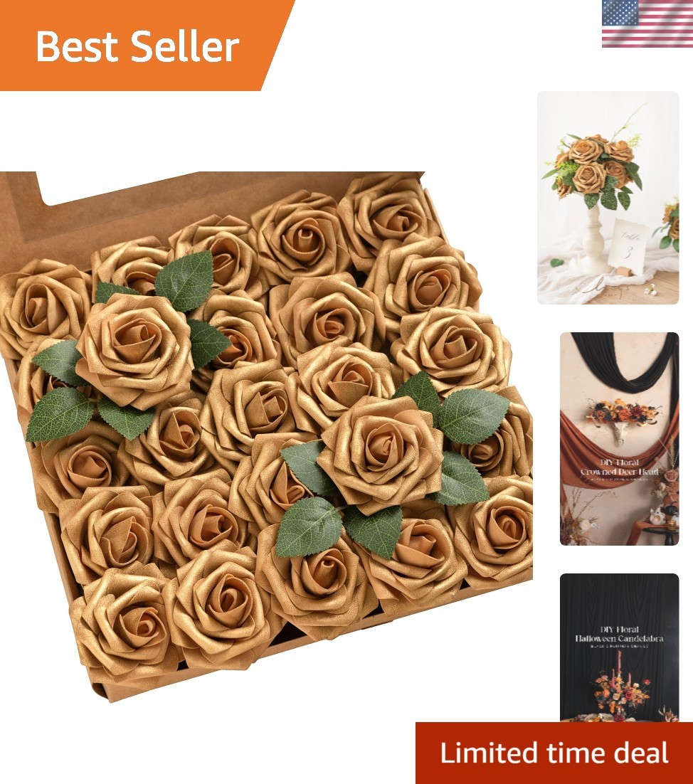 25 Floral Foam Gold Roses – UV Resistant 3″ Artificial Flowers for All Occasions