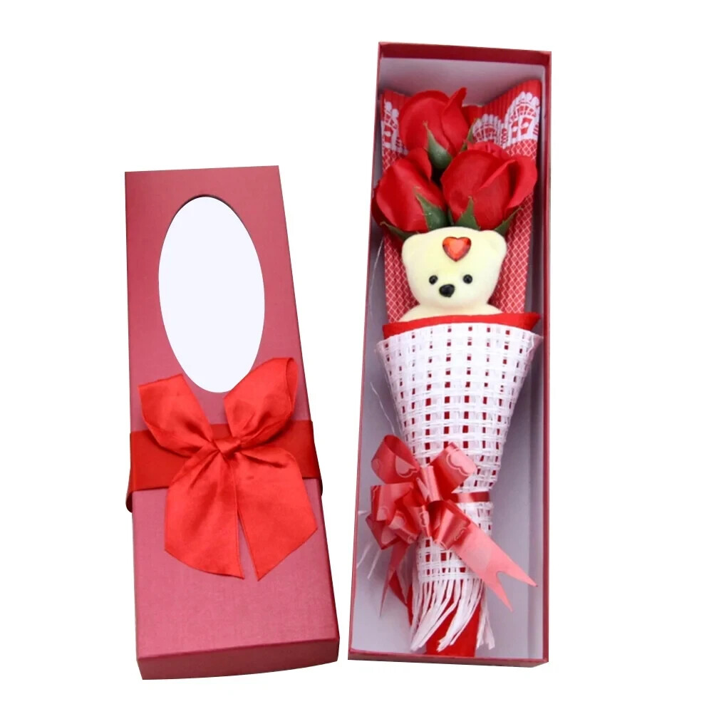 VALENTINE’S GIFT. 3 Roses With Lovely Teddy Bear Flower Bouquet !US SELLER!