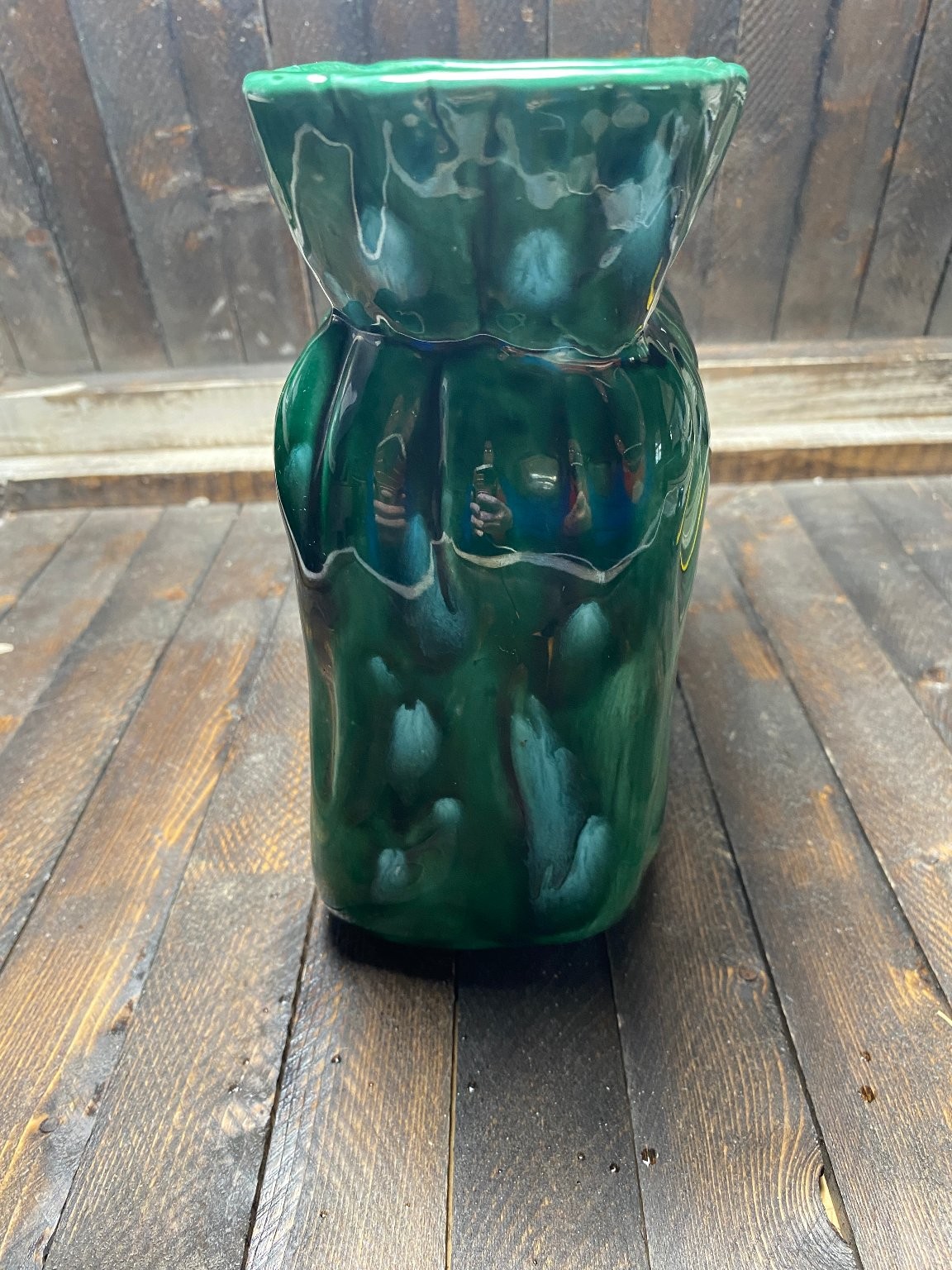 Vintage Ceramic Planter Drip Glaze Mid-Century Modern Vase 1980s Green Blue