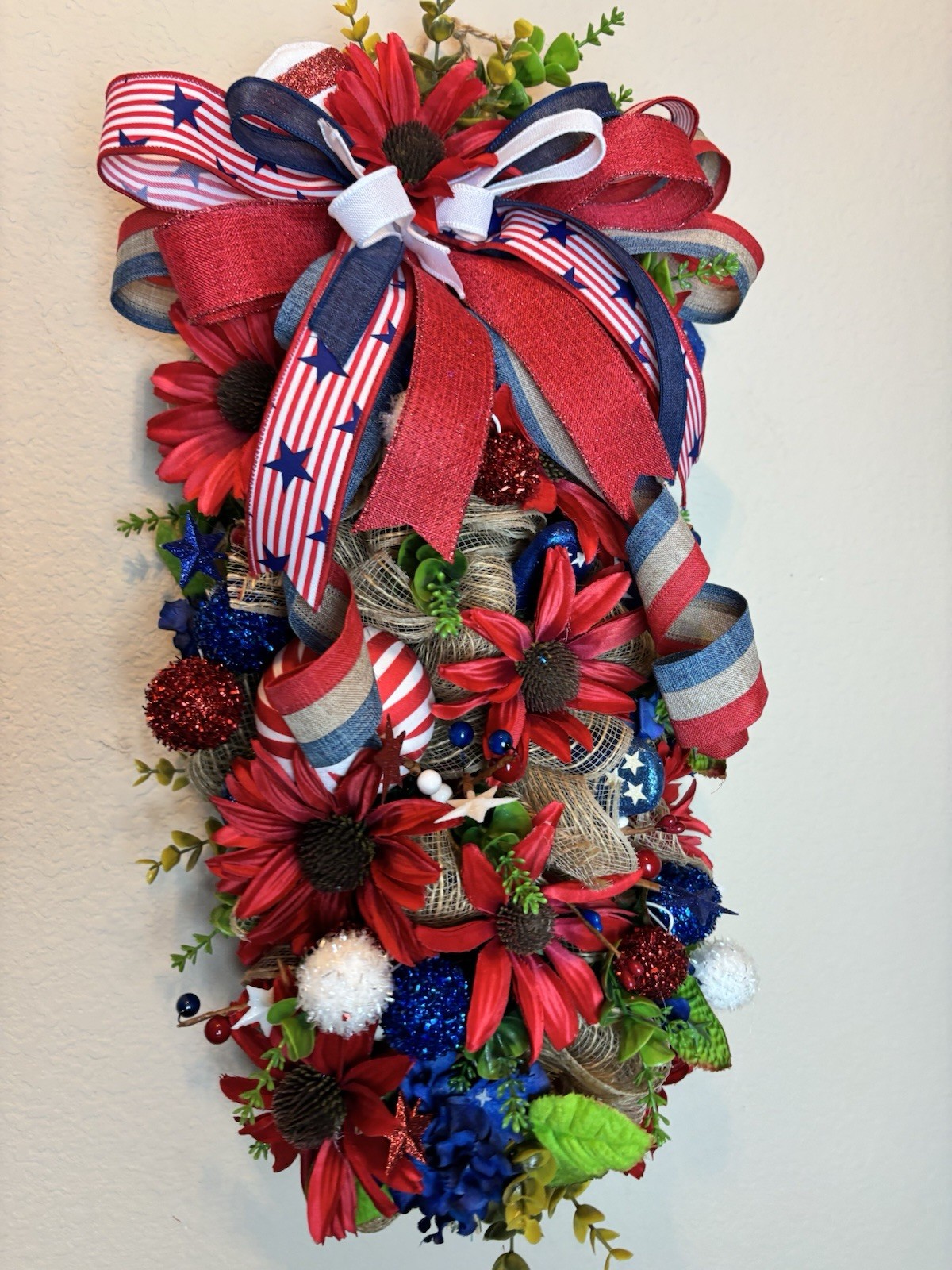 Patriotic Swag Wreath Red White Blue 4th July Door Decor Americana Bow