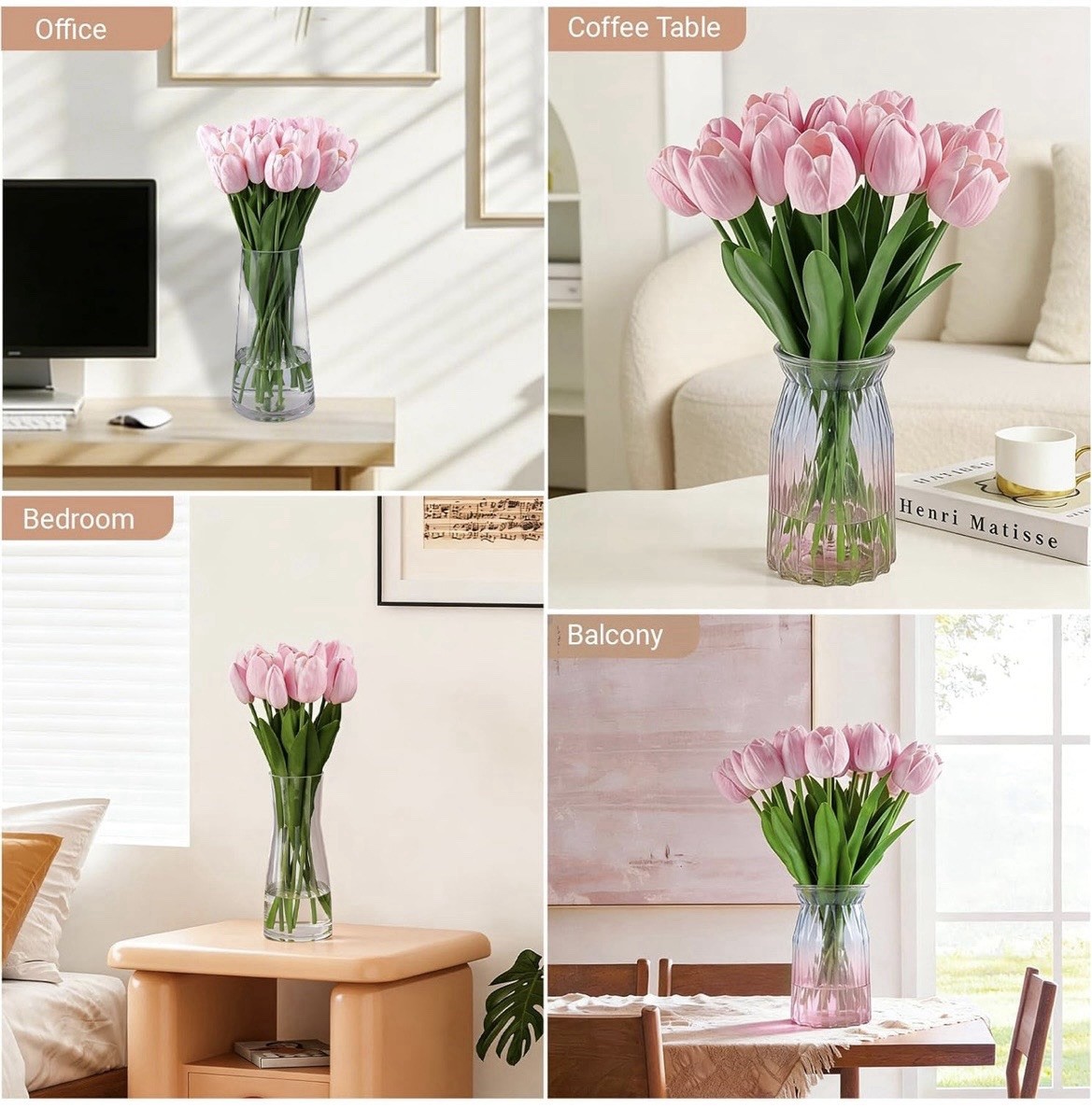 16in Artificial Pink Tulip Flower Bouquet Bunch w/ Wire Stems Fabric Plastic