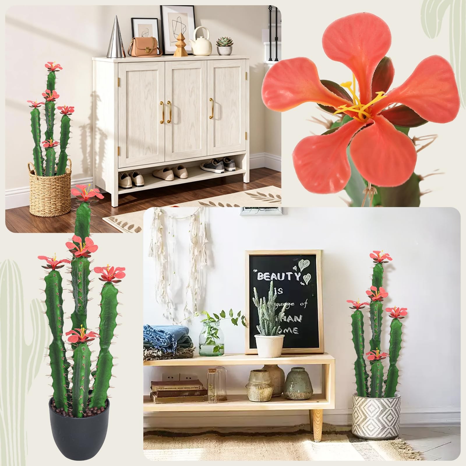 30inch Fake Cactus with Red Flowers, Faux Desert Cacti Fake Cactus Plant, Lag…