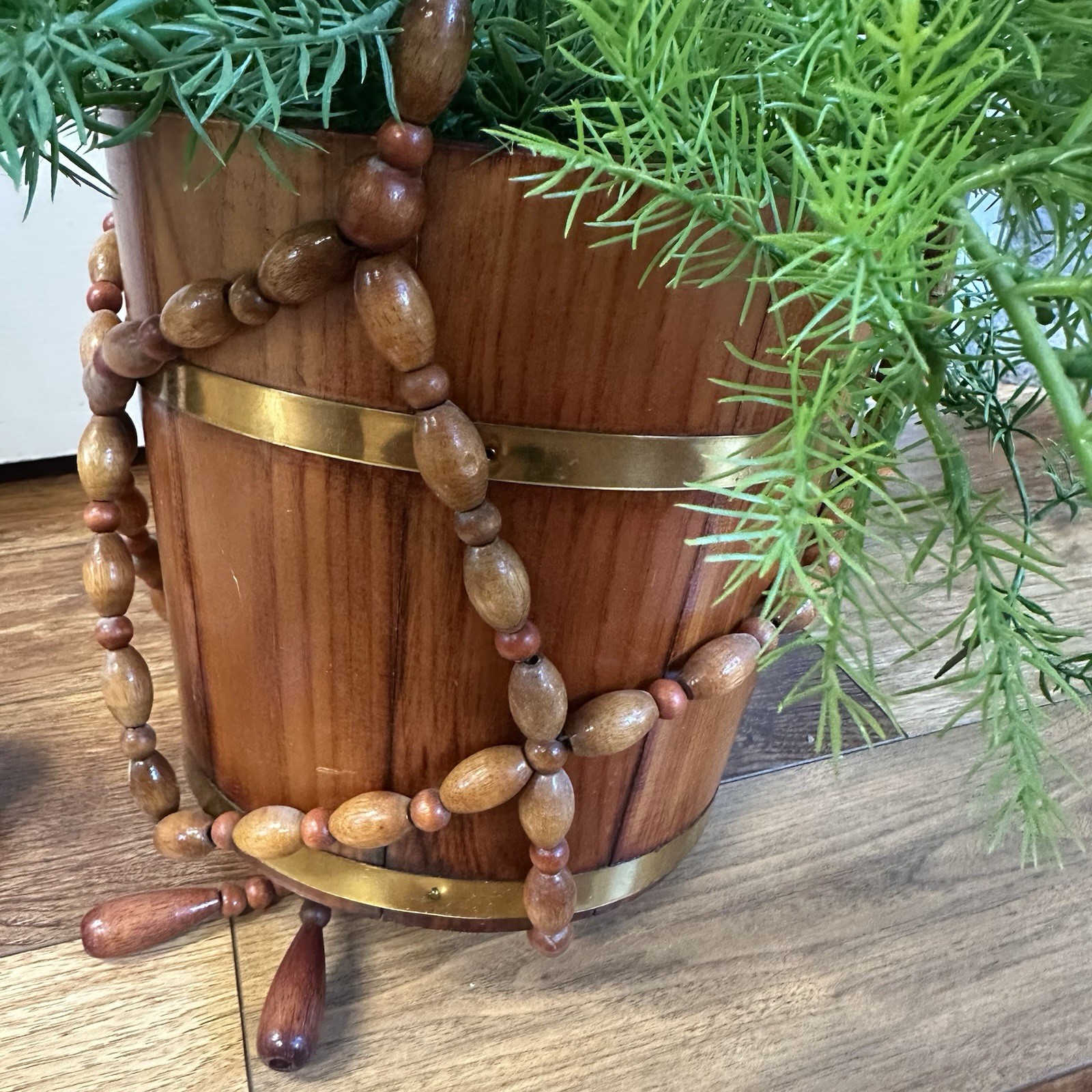 Vintage MCM 70’s Gorgeous Faux Fern Hanging Plant with Wooden Macrame Basket