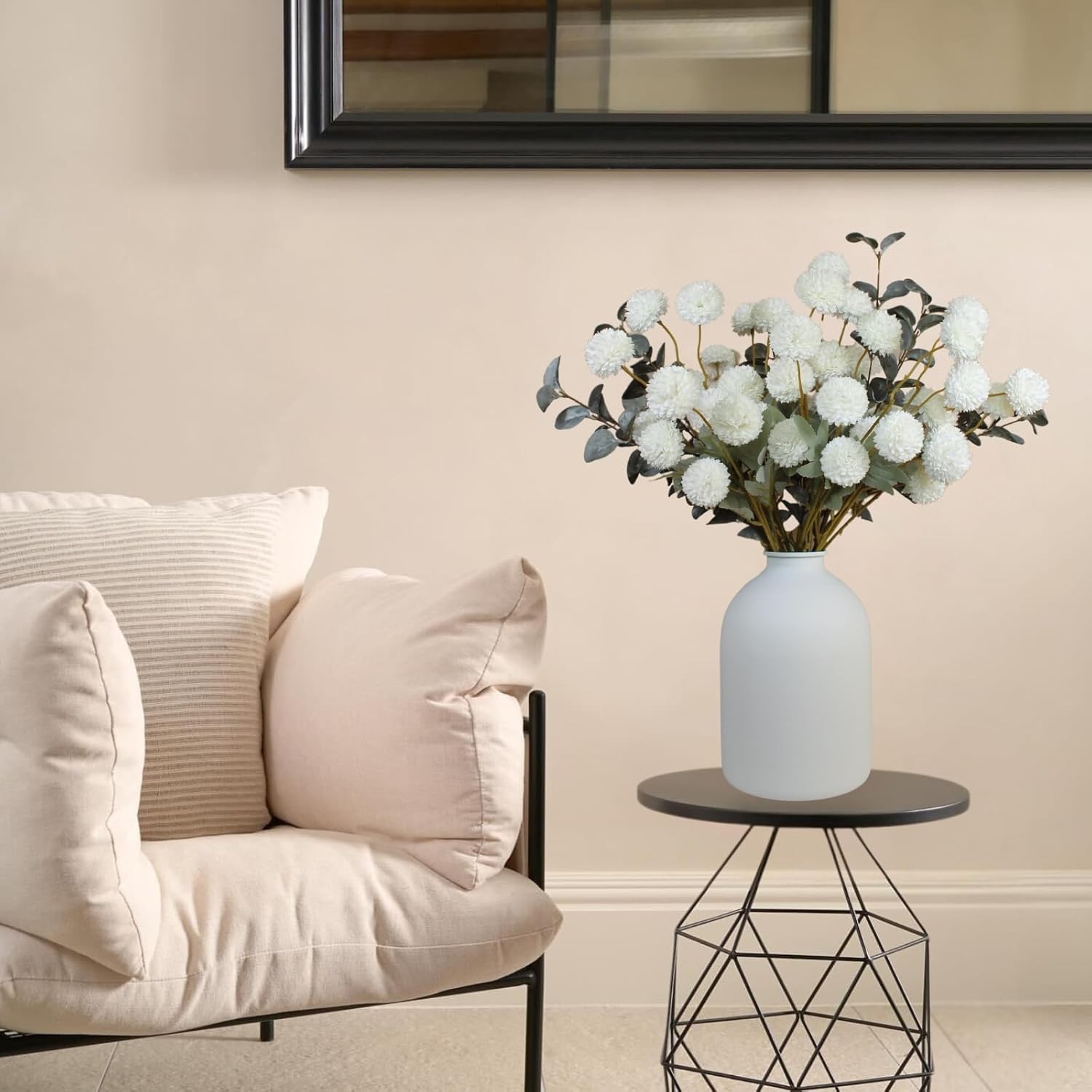 White Faux Flowers for Vase – Kiku 10 Stems & Eucalyptus, Fake Flowers Stems