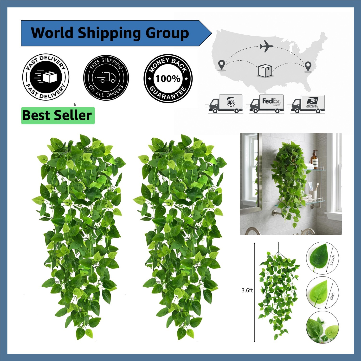 Realistic 3.6ft Ivy Pothos Vines – Set of 2 Faux Hanging Plants for Home Decor