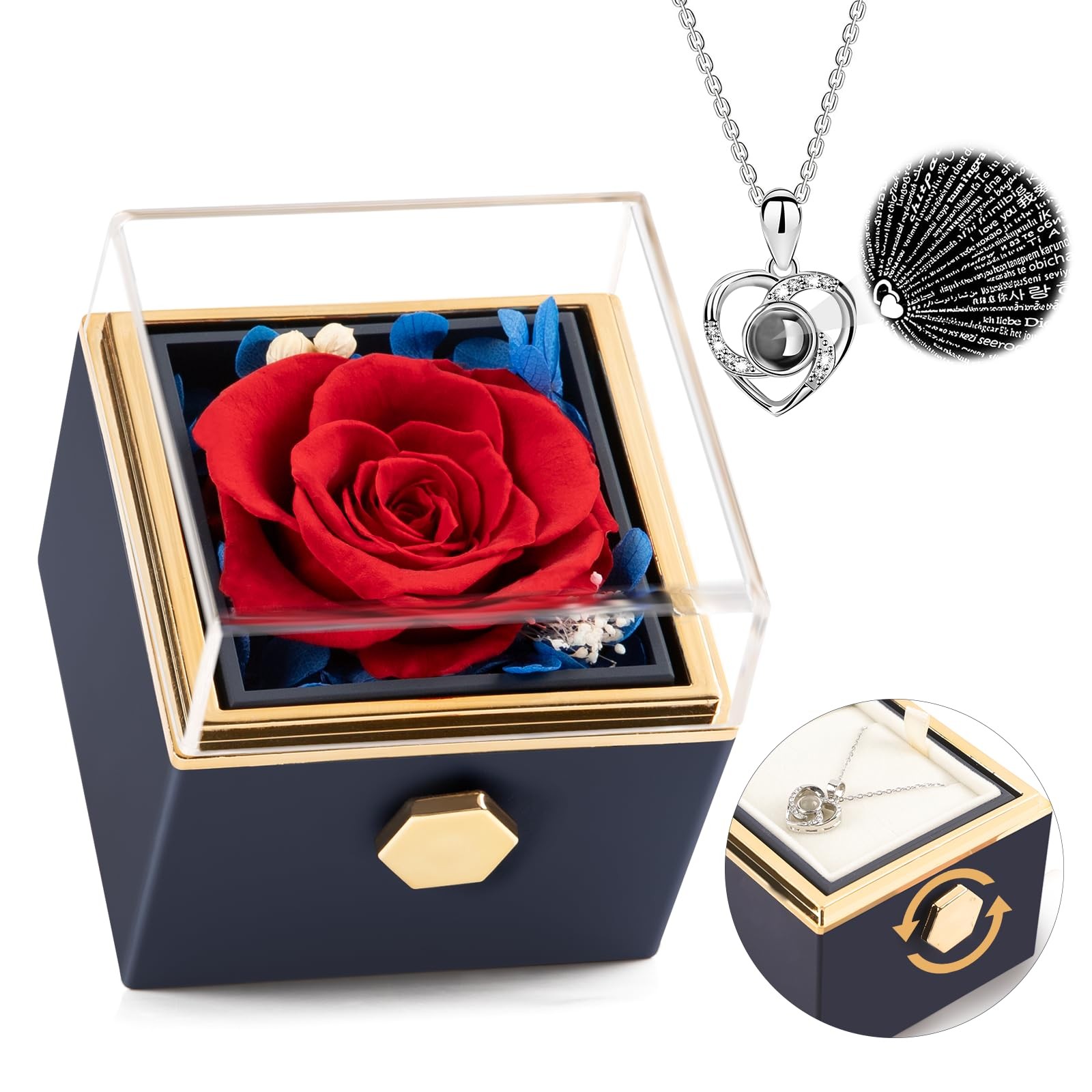 Preserved Real Red Forever Rose Rotating Box with I Love You Necklace 100 Lan…