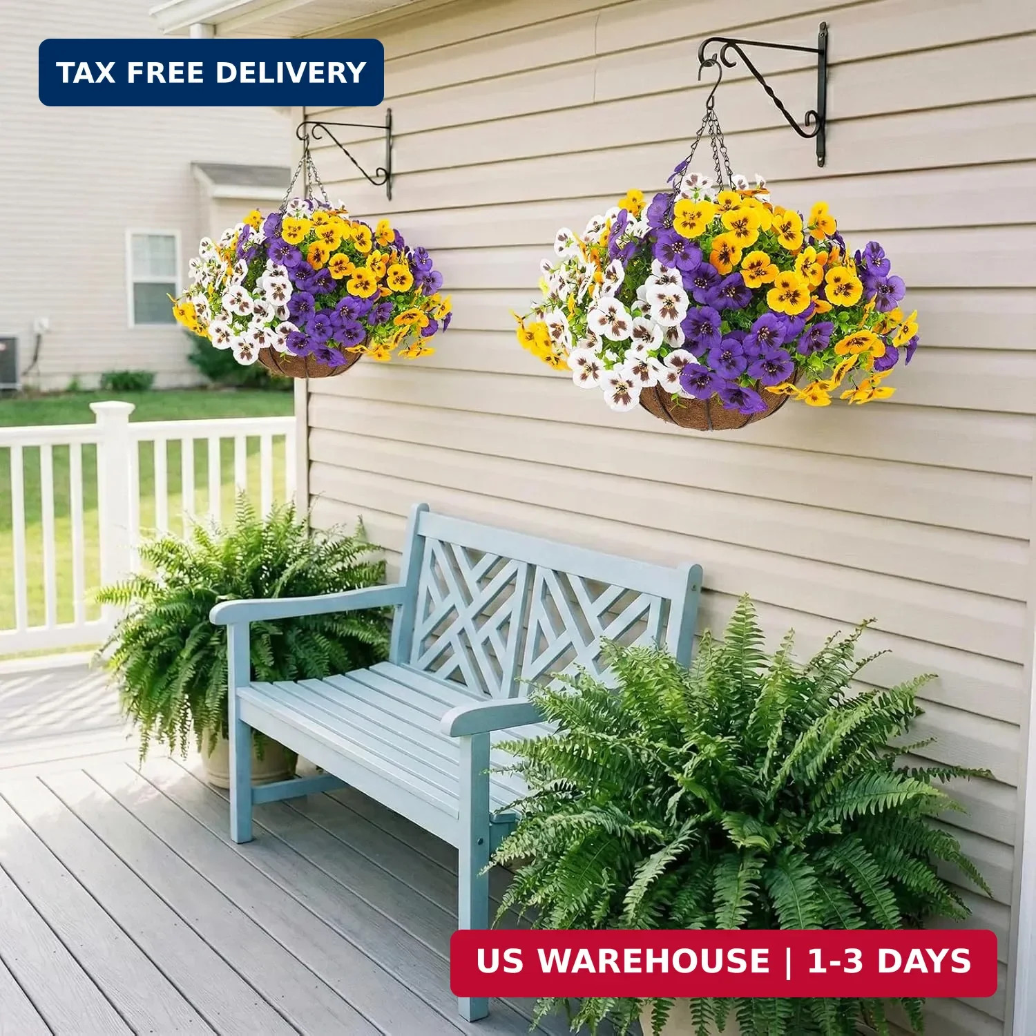 2 Sets Artificial Hanging Pansy Flowers with Baskets, 24 Pcs UV Resista