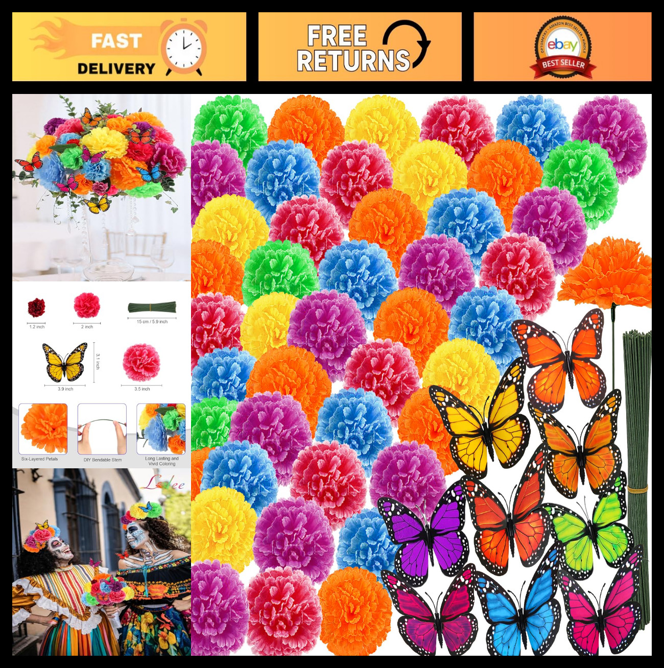 108pcs Silk Marigold Flower Heads with Stems – Mixed Colors for Dia de los Muert