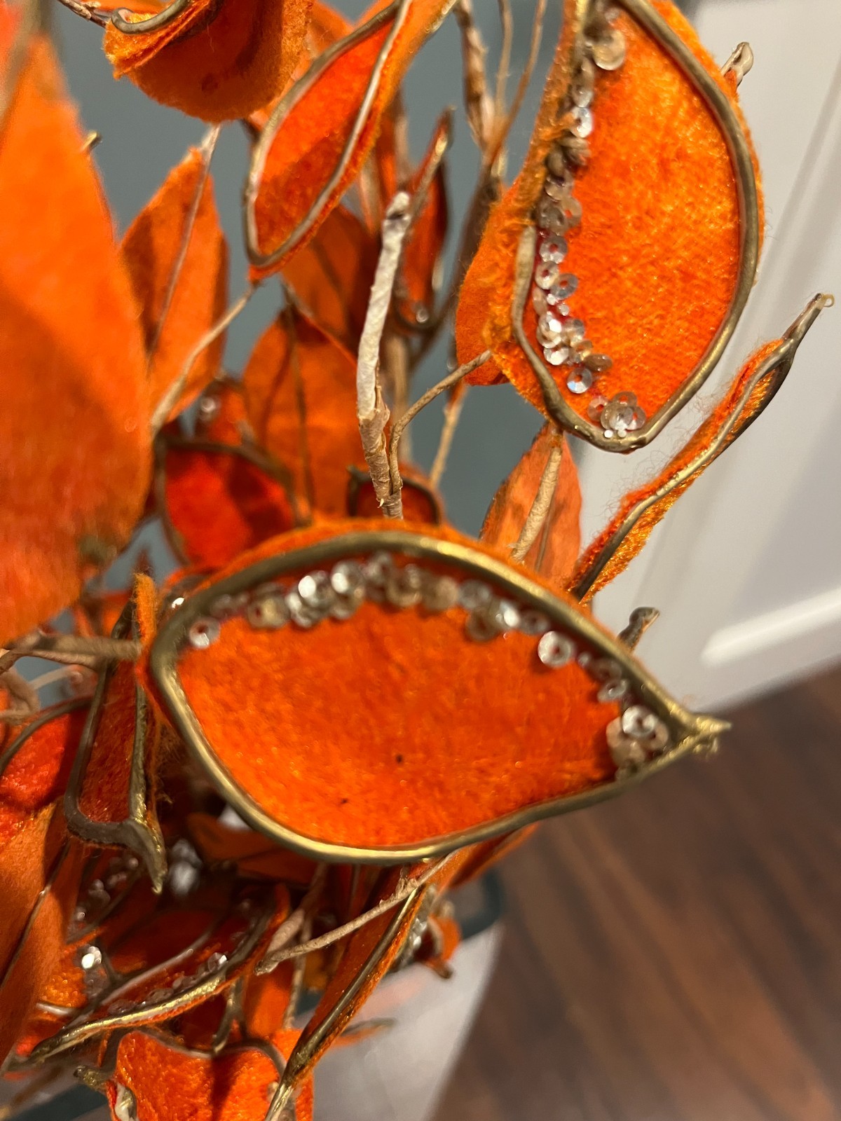 Orange Velvet Leaves with Gold Trim & Sequins – Approx. 32” Faux Floral Stems
