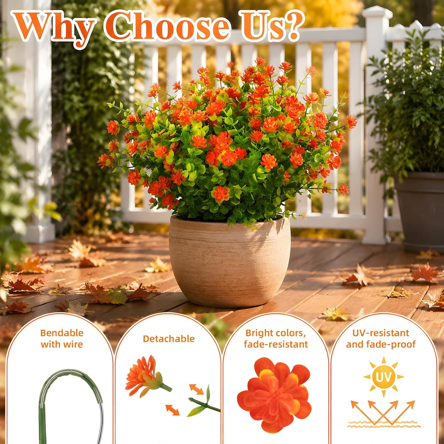 24 Pcs Artificial Mums for Outdoors, Fall Flowers (Orange Red) | No Fade Fake Pl