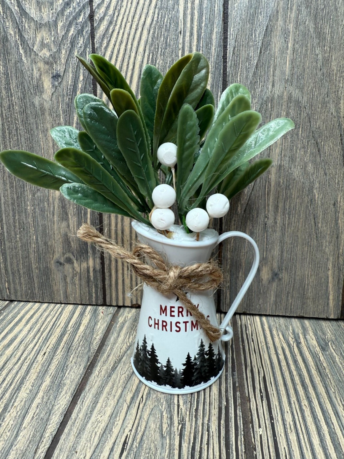 Christmas Faux Plant In 6″ White Metal Pitcher W/ Twine Accent By Old East Main