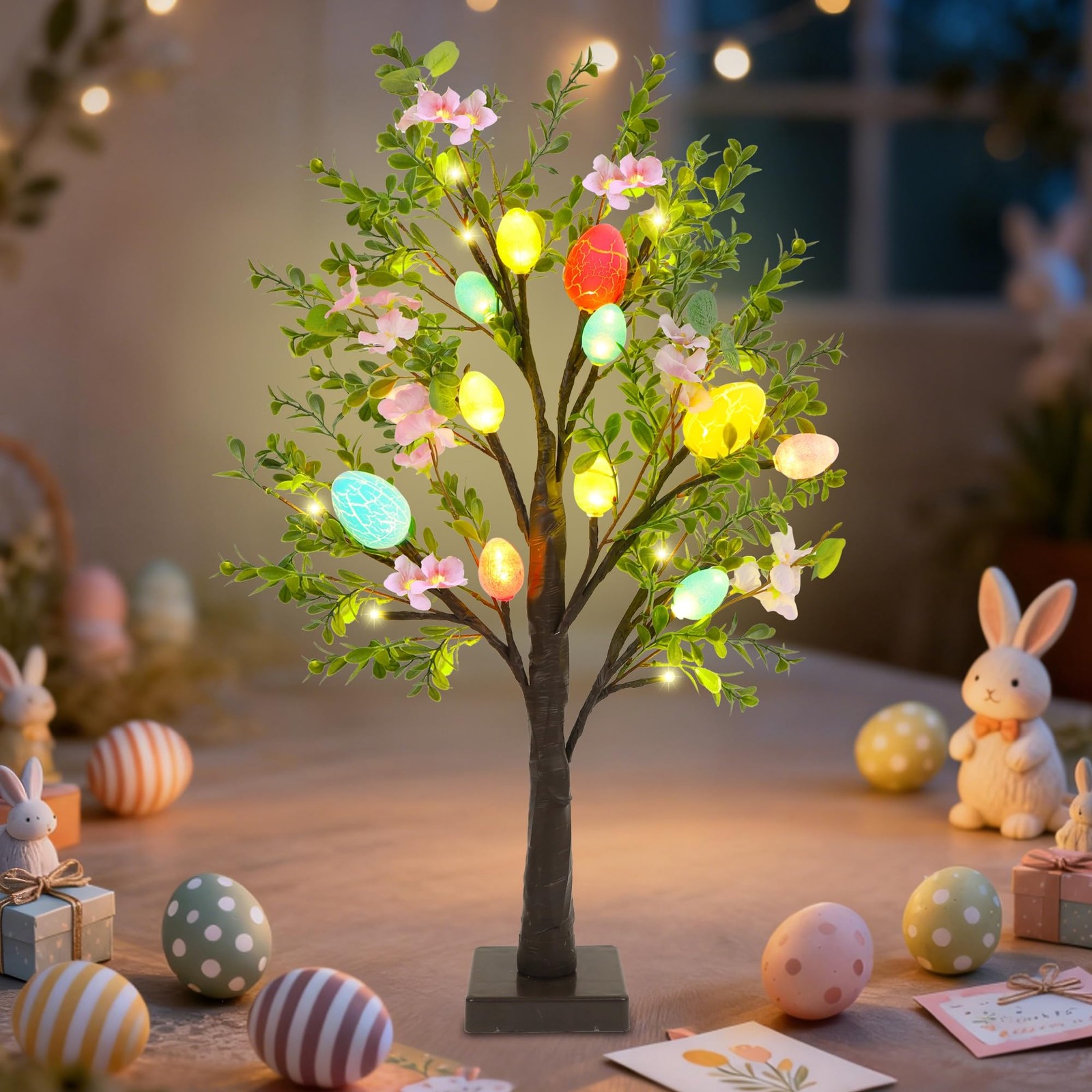 Easter Decor Set of 2 Lighted 24 Inch Artificial Tree with Easter Eggs & Colorfu