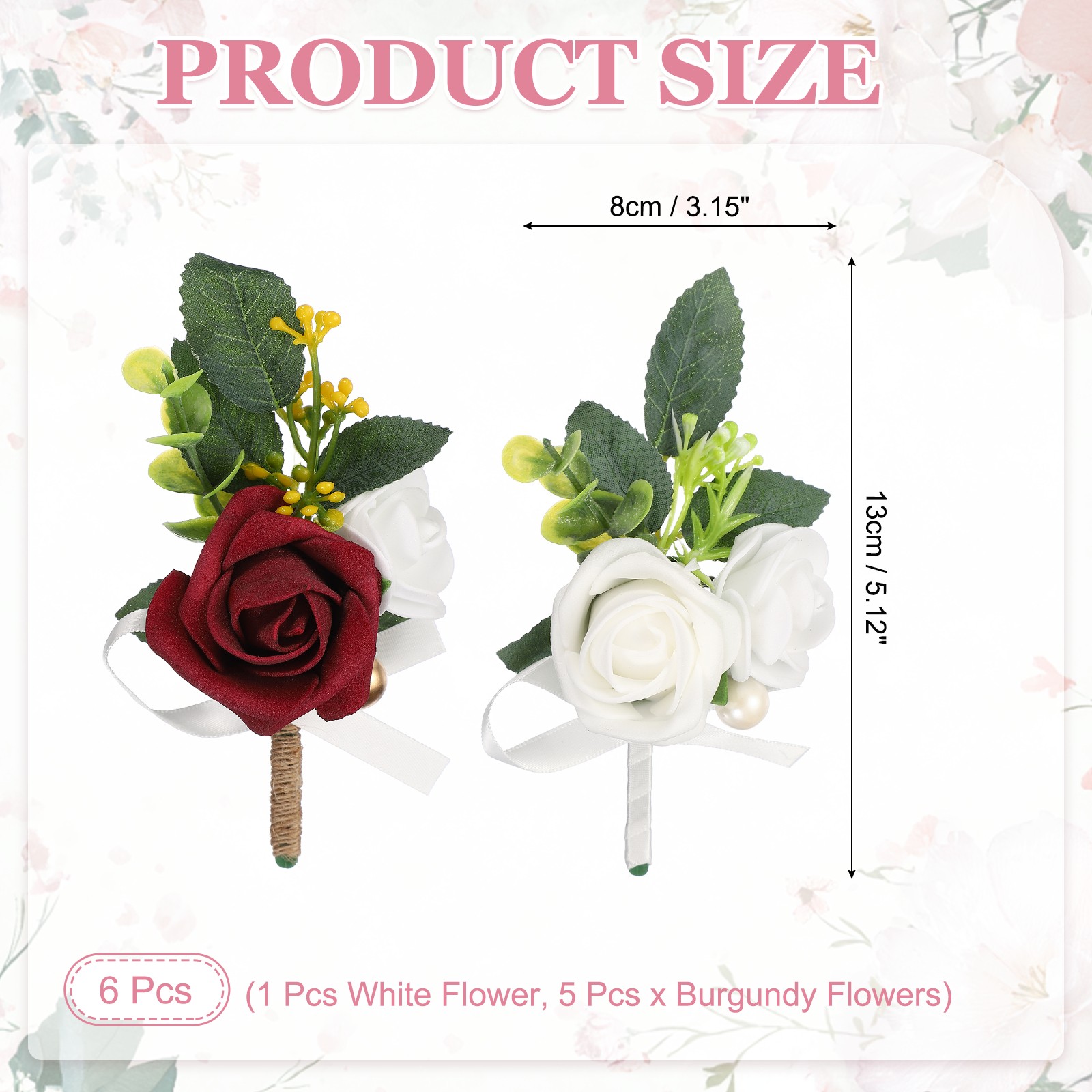 Mens Boutonnieres for Weddings, 6 Pcs Rose Boutonnieres, White/Burgundy
