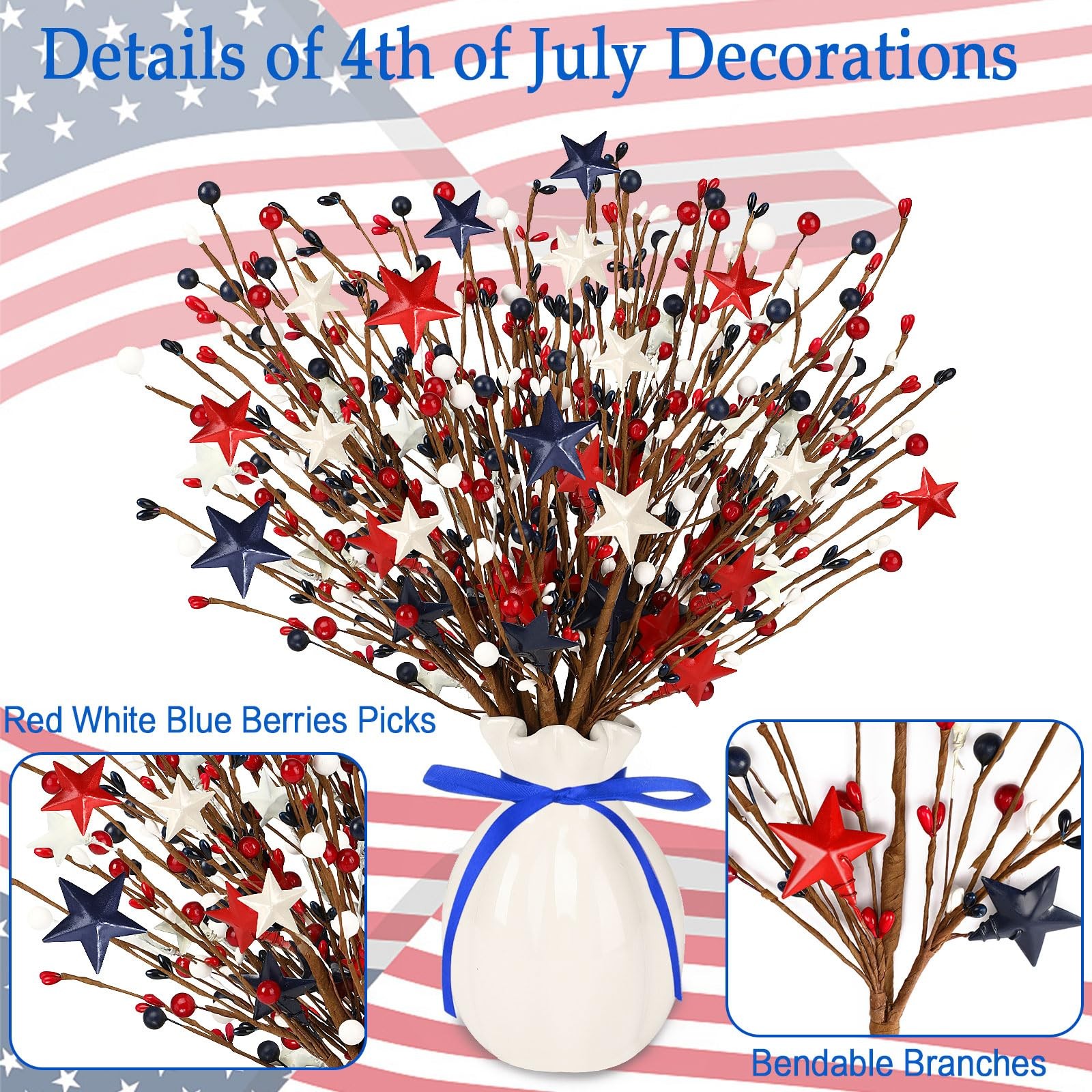 6 Pack Patriotic Artificial Berry Stem Picks Red White and Blue Artificial Ar…