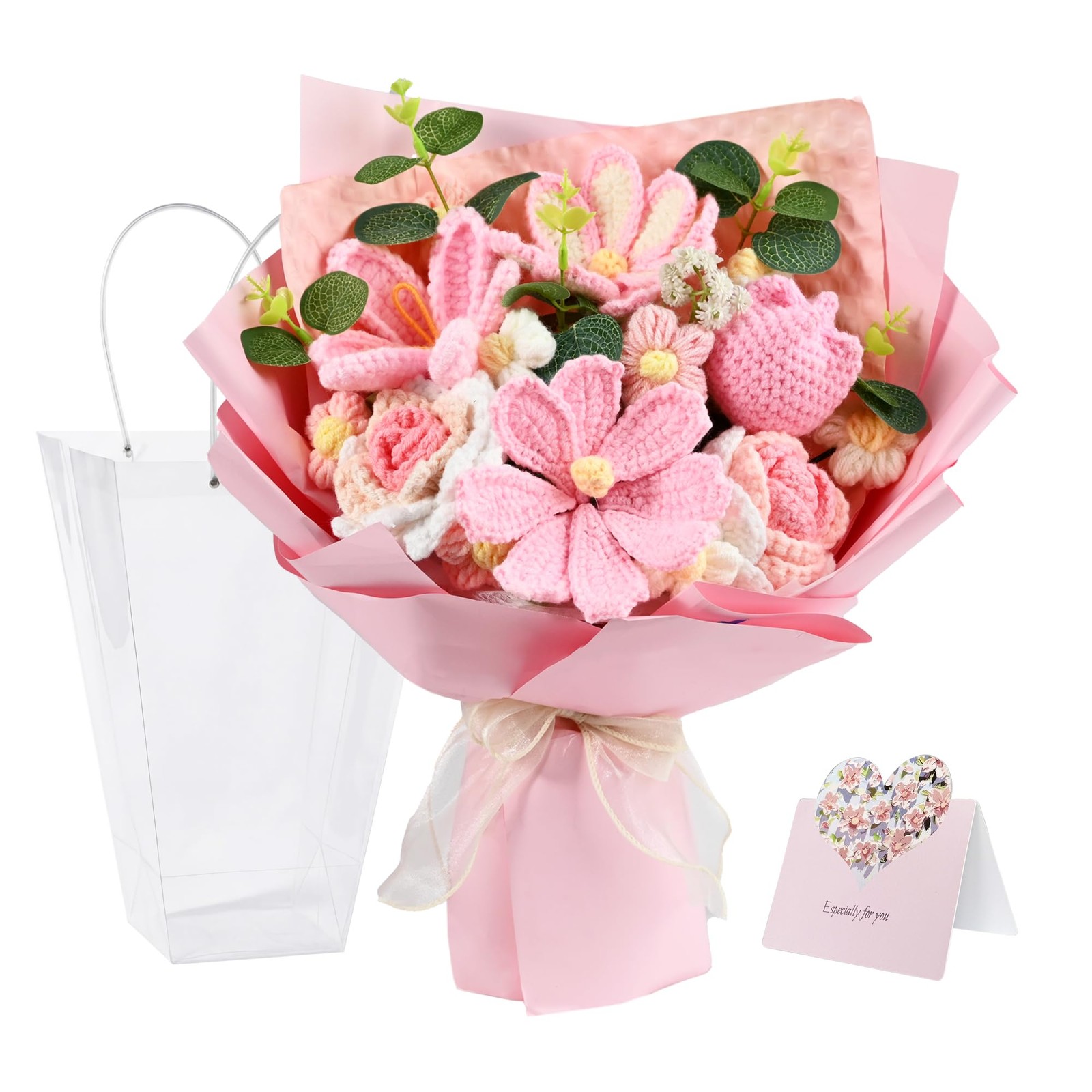 18Pcs Handmade Crochet Flower Bouquet Knitted Yarn Flowers with Bag & Card, A…
