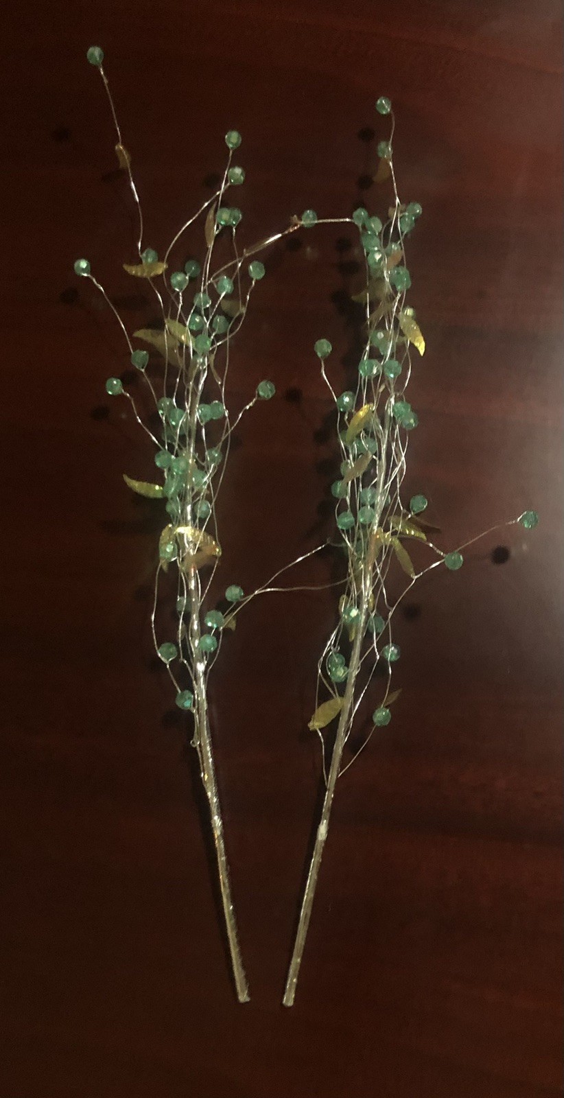 Set of 2 UNIQUE AQUA BEADED IRIDESCENT LEAVES WIRED SPRAY STEM VASE DECORATION