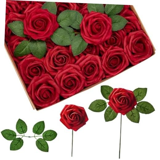 Artificial Flowers Pcs Foam Fake Roses Bulk with Stems for 50 Dark Red