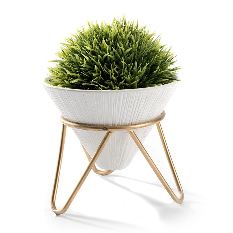 Faux Green Grass Plant in Ceramic Pot W/ Brass Metal Rack Home Office Decor New