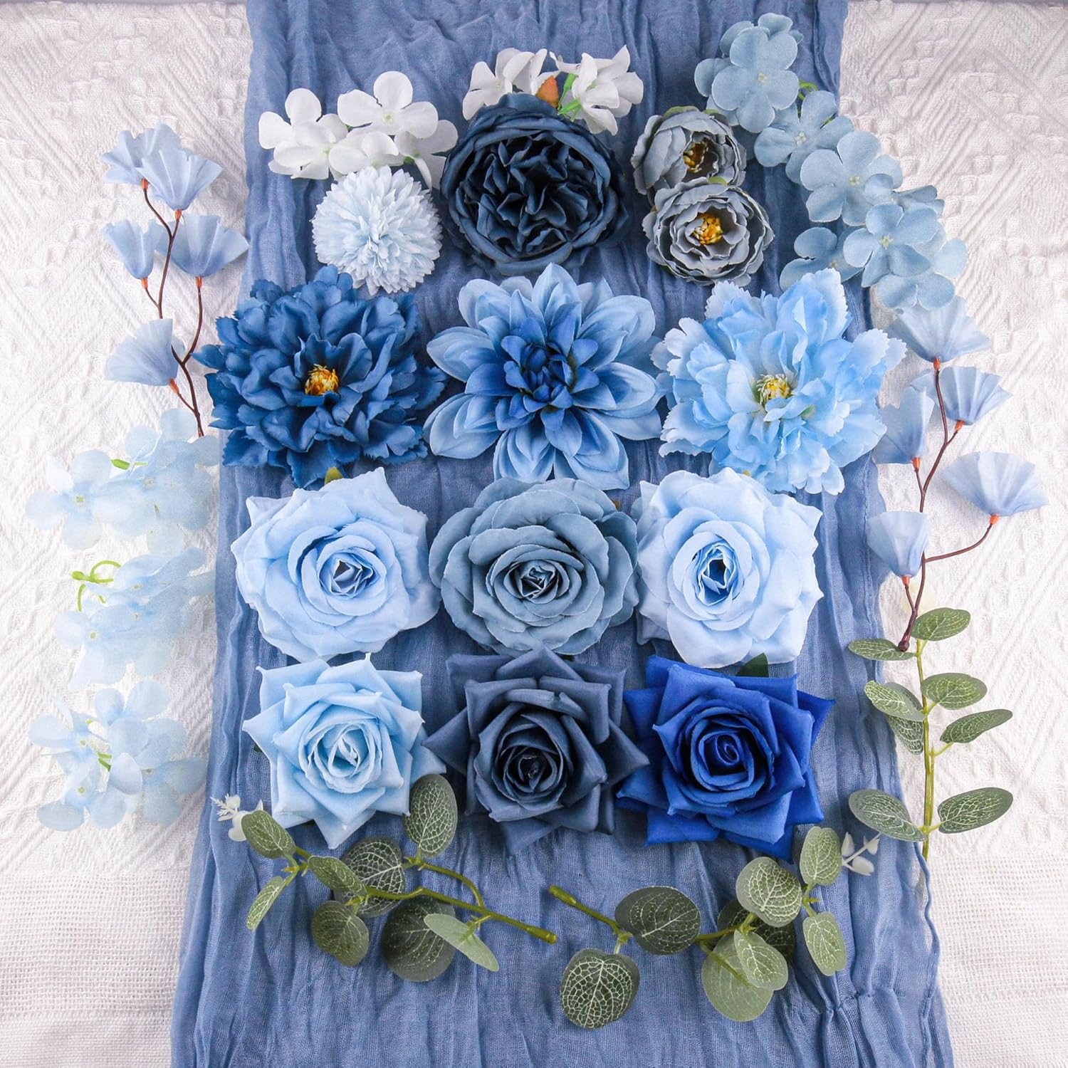 Blue Artificial Flowers Bulk Set Silk Peony Rose Bouquet DIY Wedding Decor