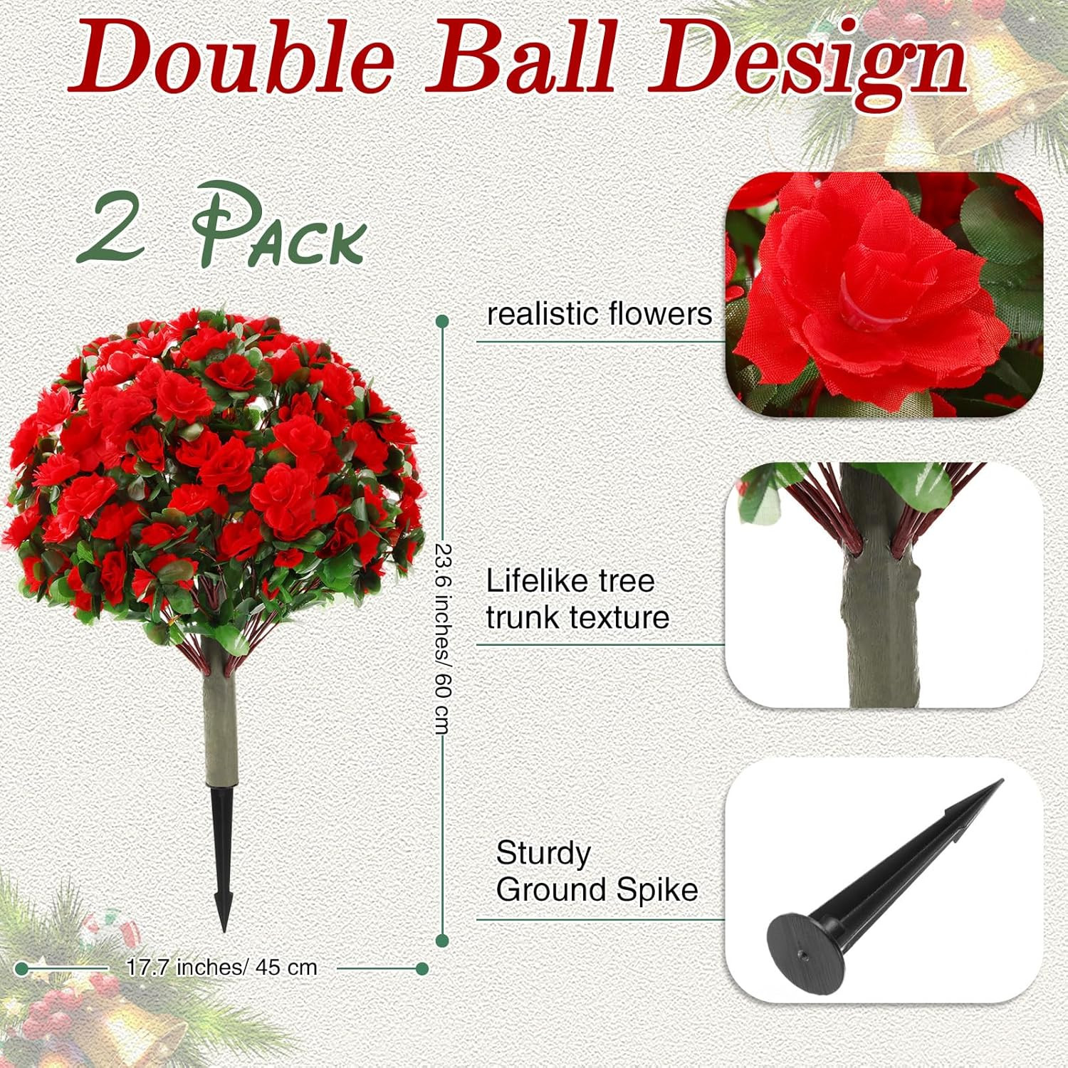 24″ Set of 2 Faux Poinsettia Topiary Trees for Indoor/Outdoor Xmas Decor