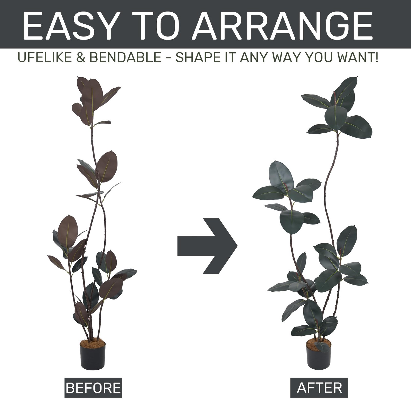 6FT Artificial Black Rubber Tree with Lifelike Leaves, 72in Faux Tropical Fic…