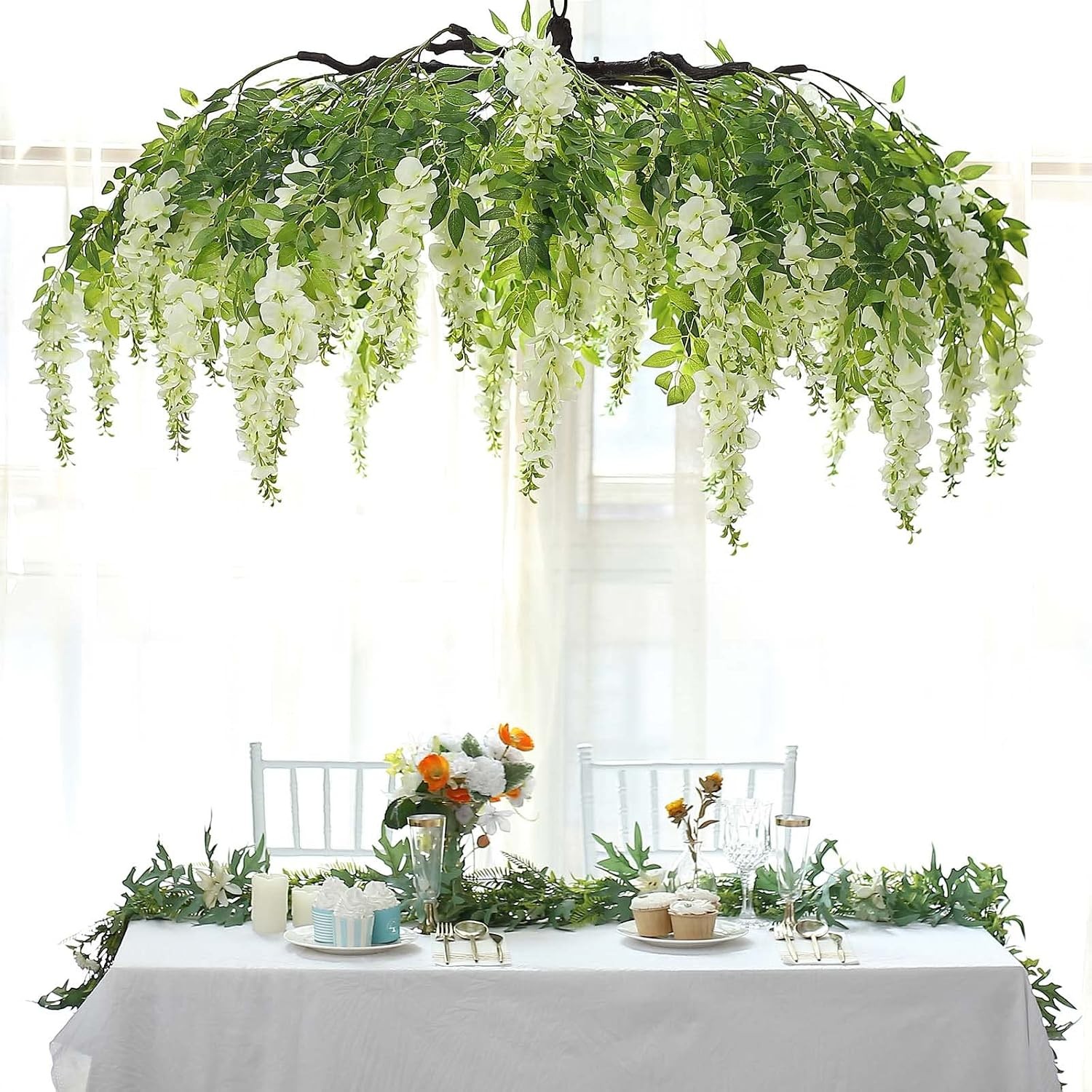 55″ Cream Artificial Silk Wisteria Vine Round Hanging Canopy Draping Garland