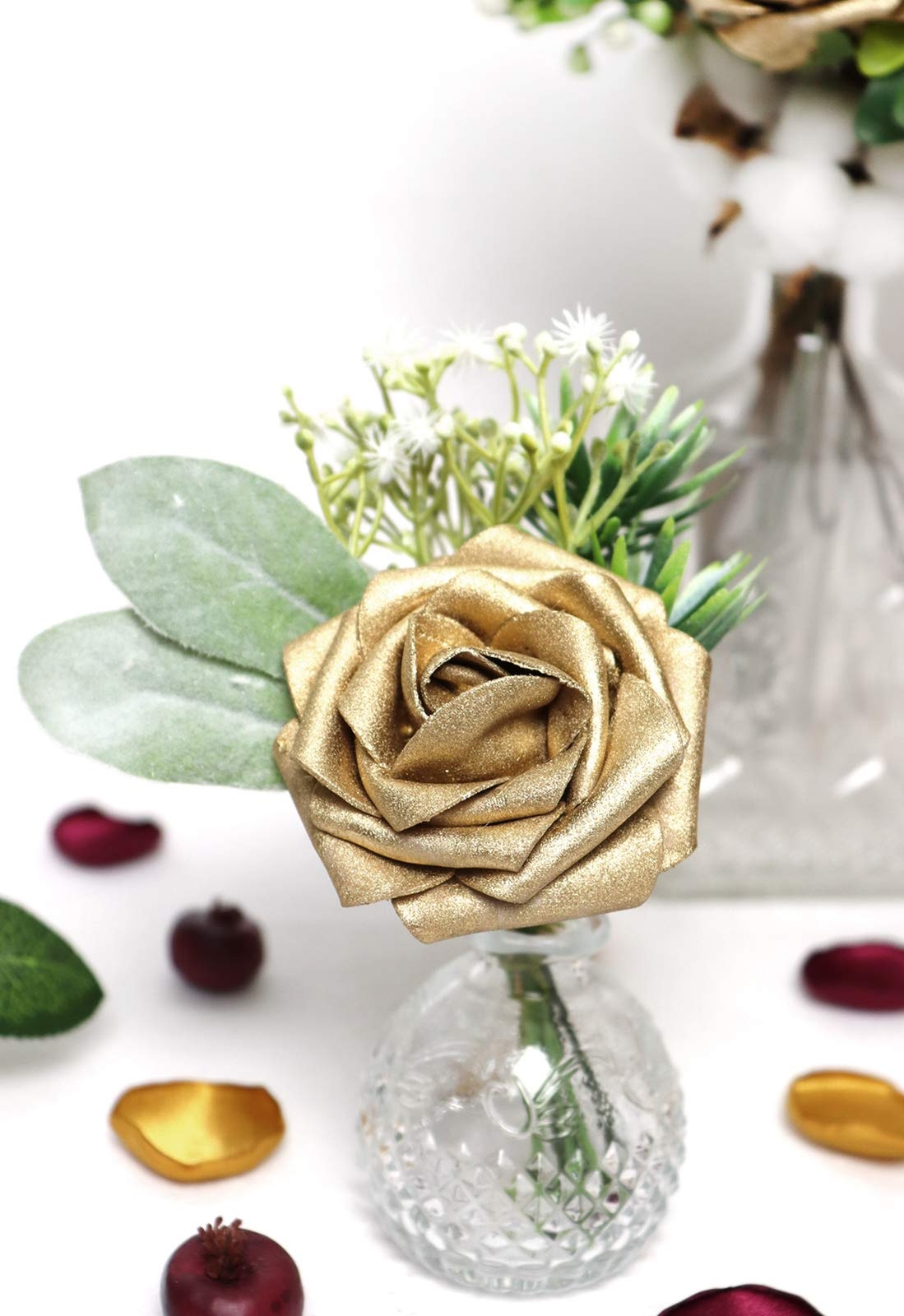 Artificial Flowers 30pcs Gold Rose Real Looking Fake Roses With Stem For Diy Wed
