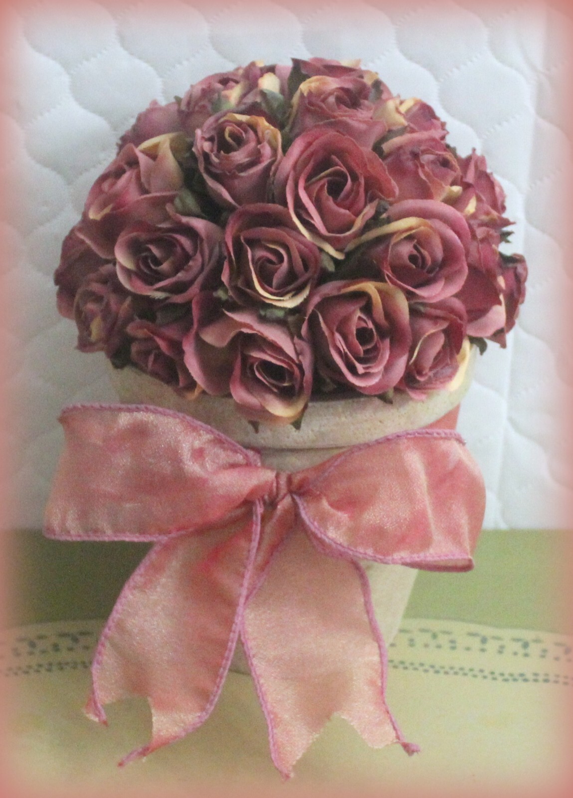Hallmark Vintage New Victorian Faux Roses in Pot with Ribbon 7 1/4″ T x 5 1/2″ D