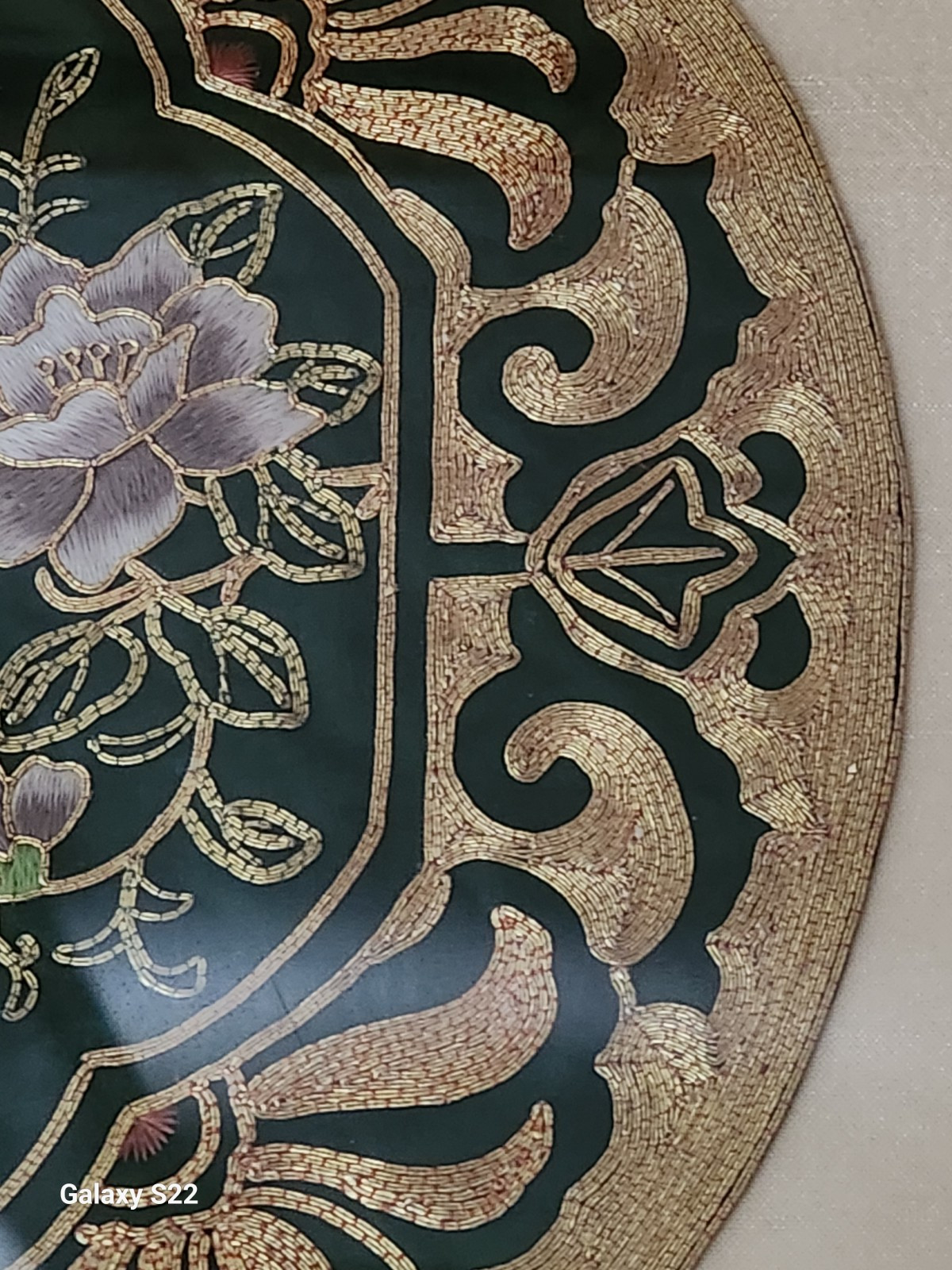 Green Silk Gold Embroidered Hummingbird Floral Professionally Framed