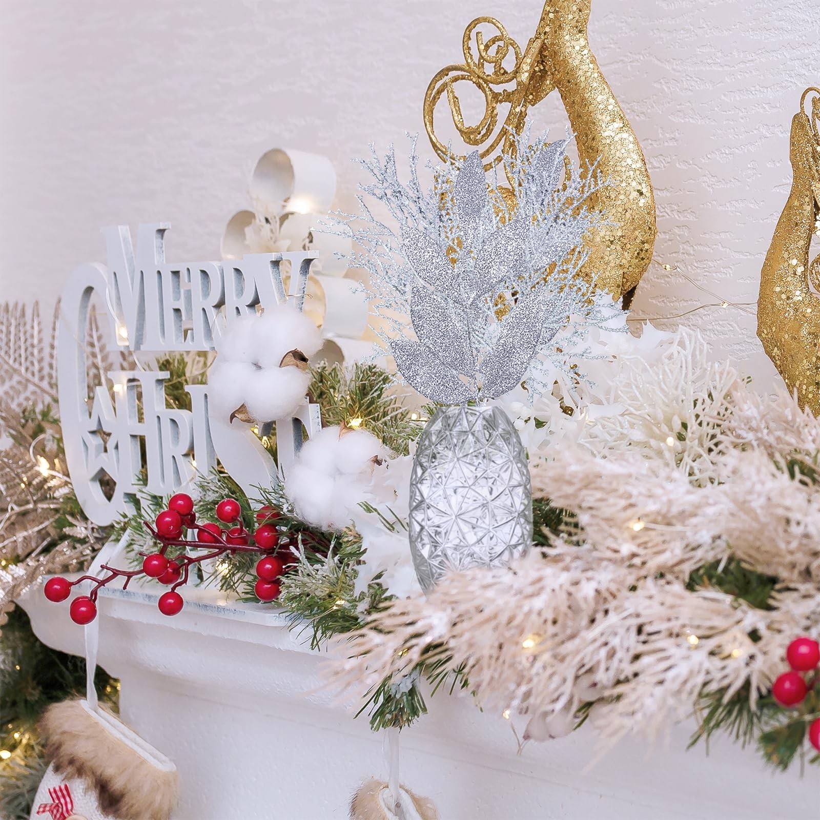 30 Pcs Christmas Artificial Leaf Sprays Cedar Picks Silver Glittered Christma…