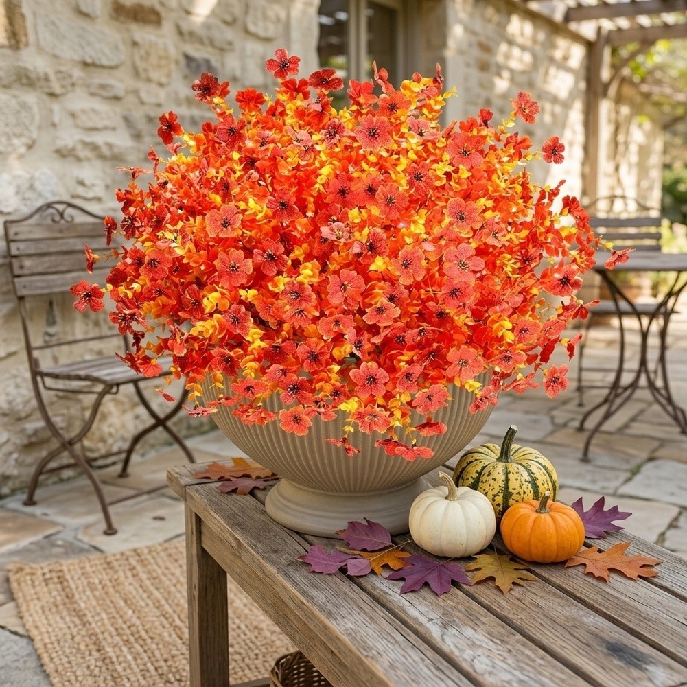 12 Pack Artificial Orange Mums For UV Resistant Autumn Flowers 35cm Plastic