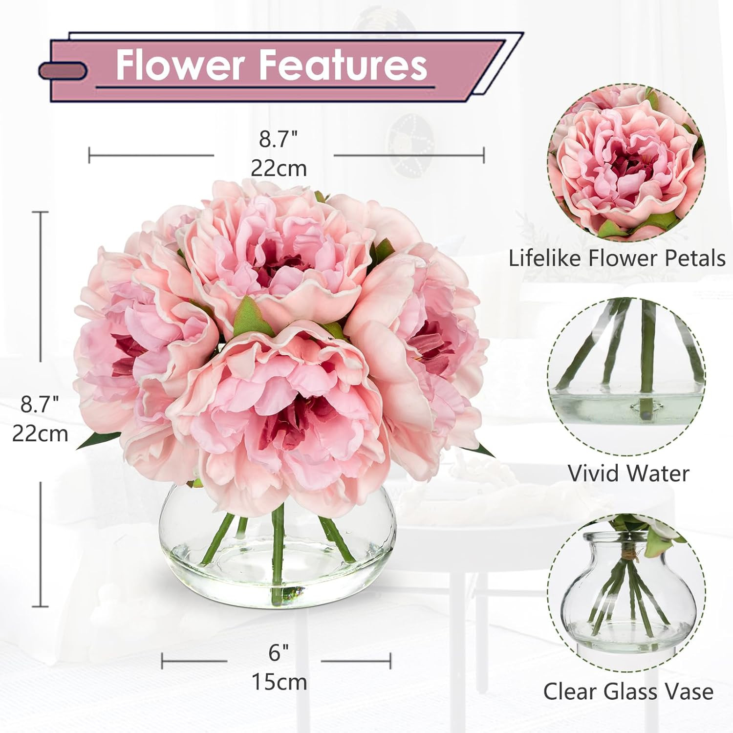 Light Pink Peonies Artificial Flowers with Vase Faux Flowers Peony Fake Flowers
