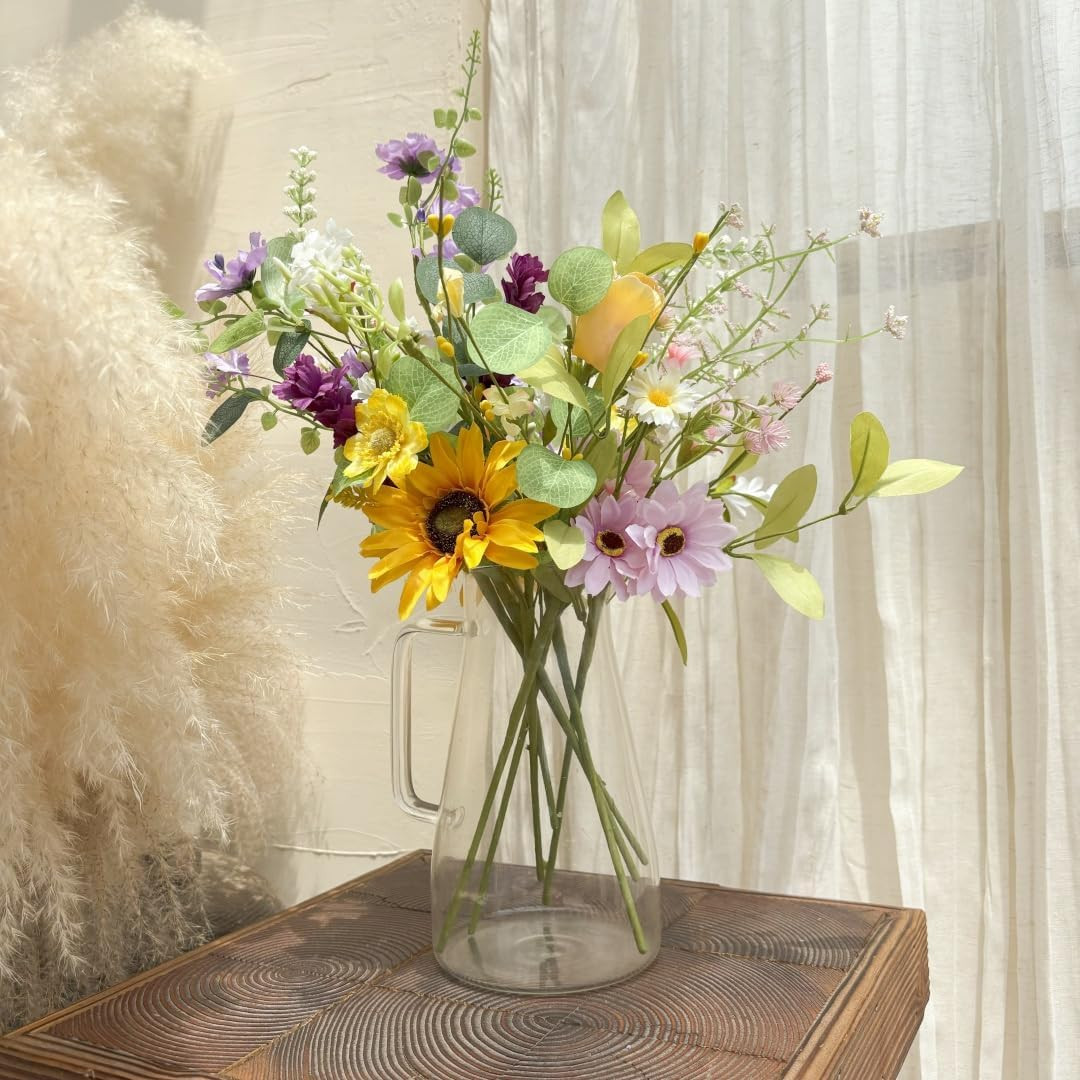 Artificial Wildflower Bouquet – 8 Bundles of Silk Daisy & Sunflower Stems