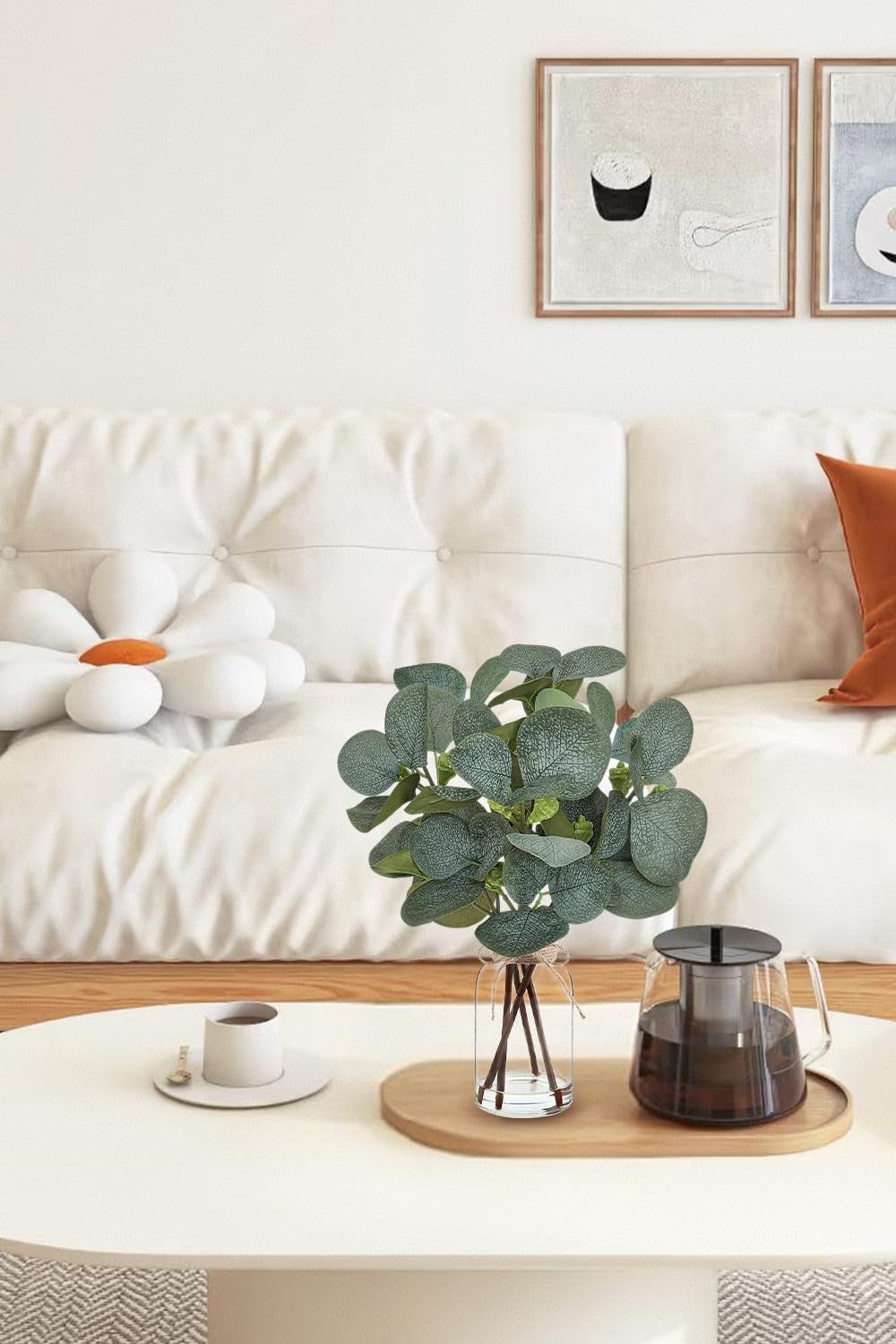 Eucalyptus Stems in Glass Vase with Faux Water for Home Decor and Centerpieces