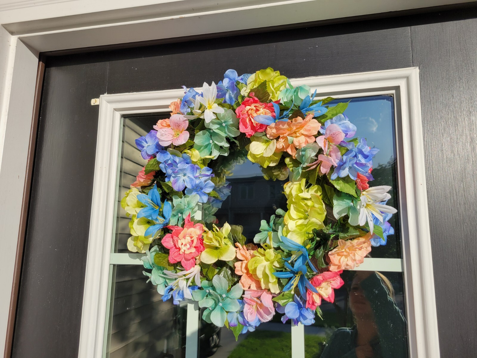 FLORAL one of a kind WREATH flowers Decor Front Door 16″ purple blue orange new