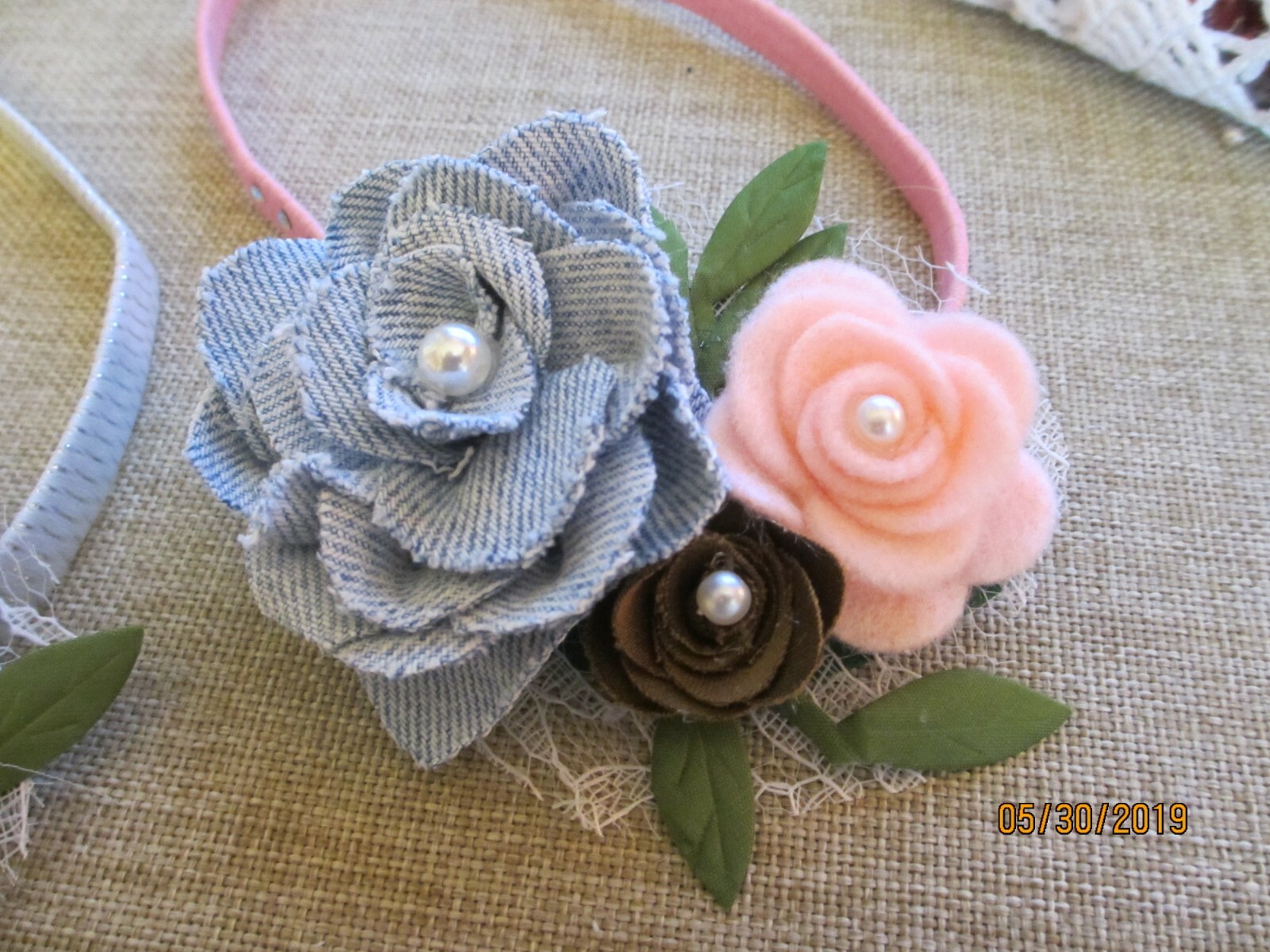 Pink Baby Flower Rustic Denim Rose Headband Flowers,Rustic Denim Rose Headband