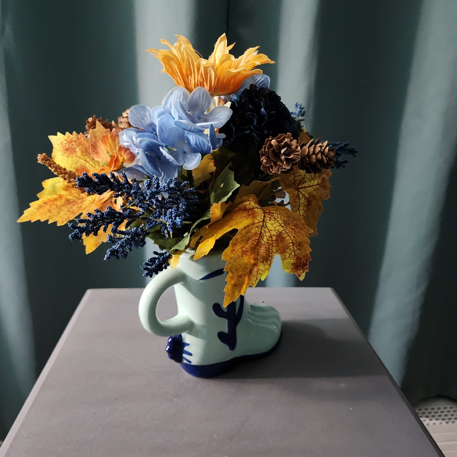 New Autumn Floral Arrangement In Ceramic Boot Mug Vase Fall Decor