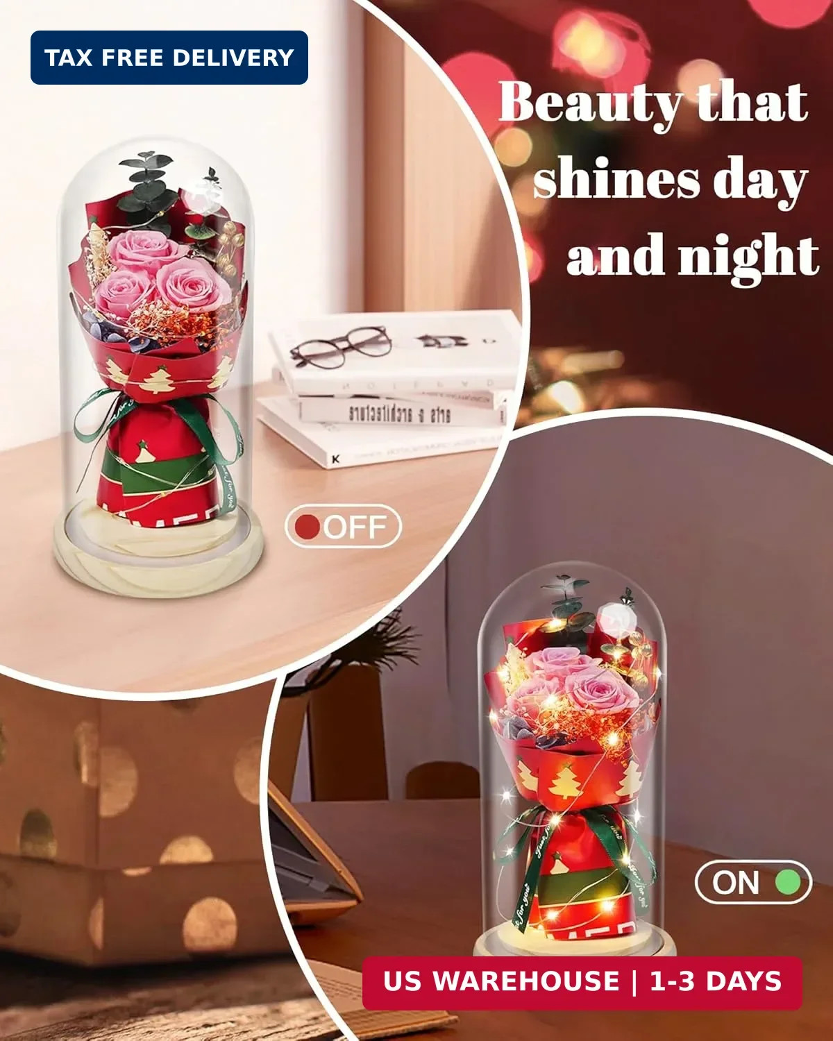 HVY Preserved Flowers in Glass for Her,Pink Real Rose Bouquet with LED Light,Ete