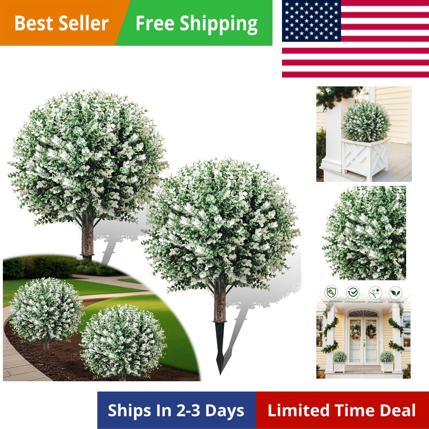 Artificial Boxwood Topiary Ball Trees, 2 Pack 24.5″ Faux Plants, Bushes Shrub…